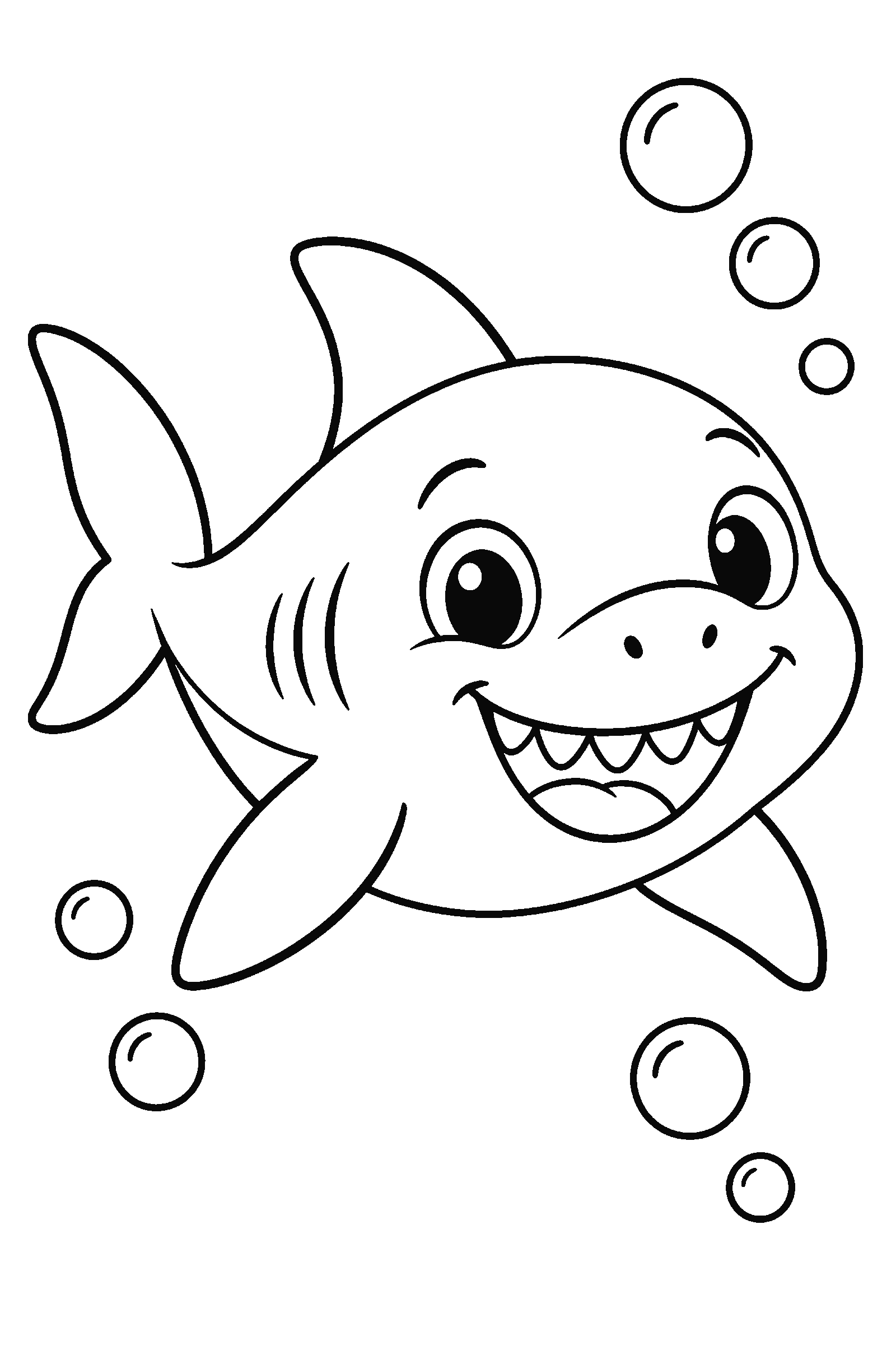 Coloring page of a friendly smiling shark with bubbles