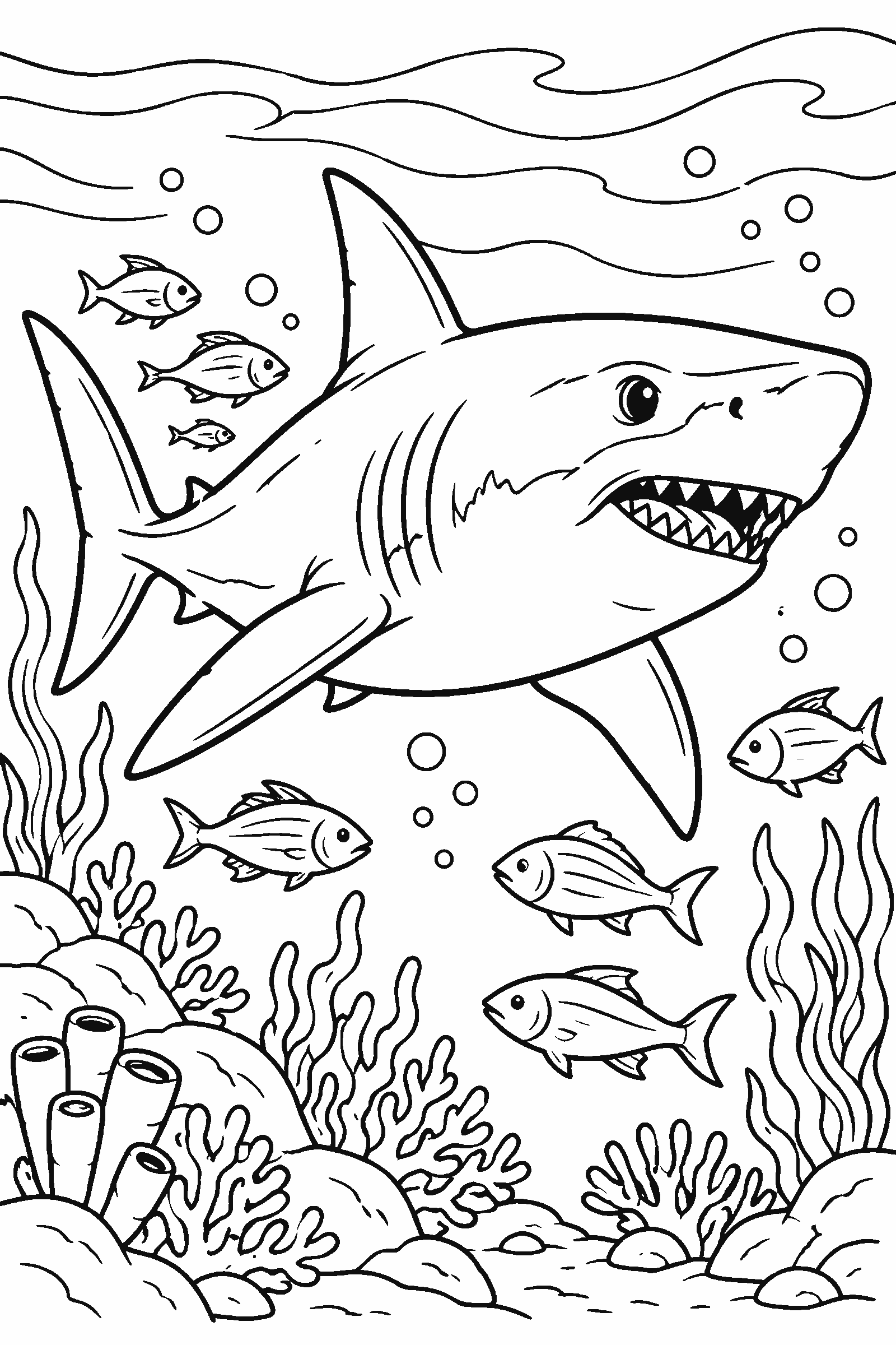 Coloring page of a great white shark swimming in the ocean with fish