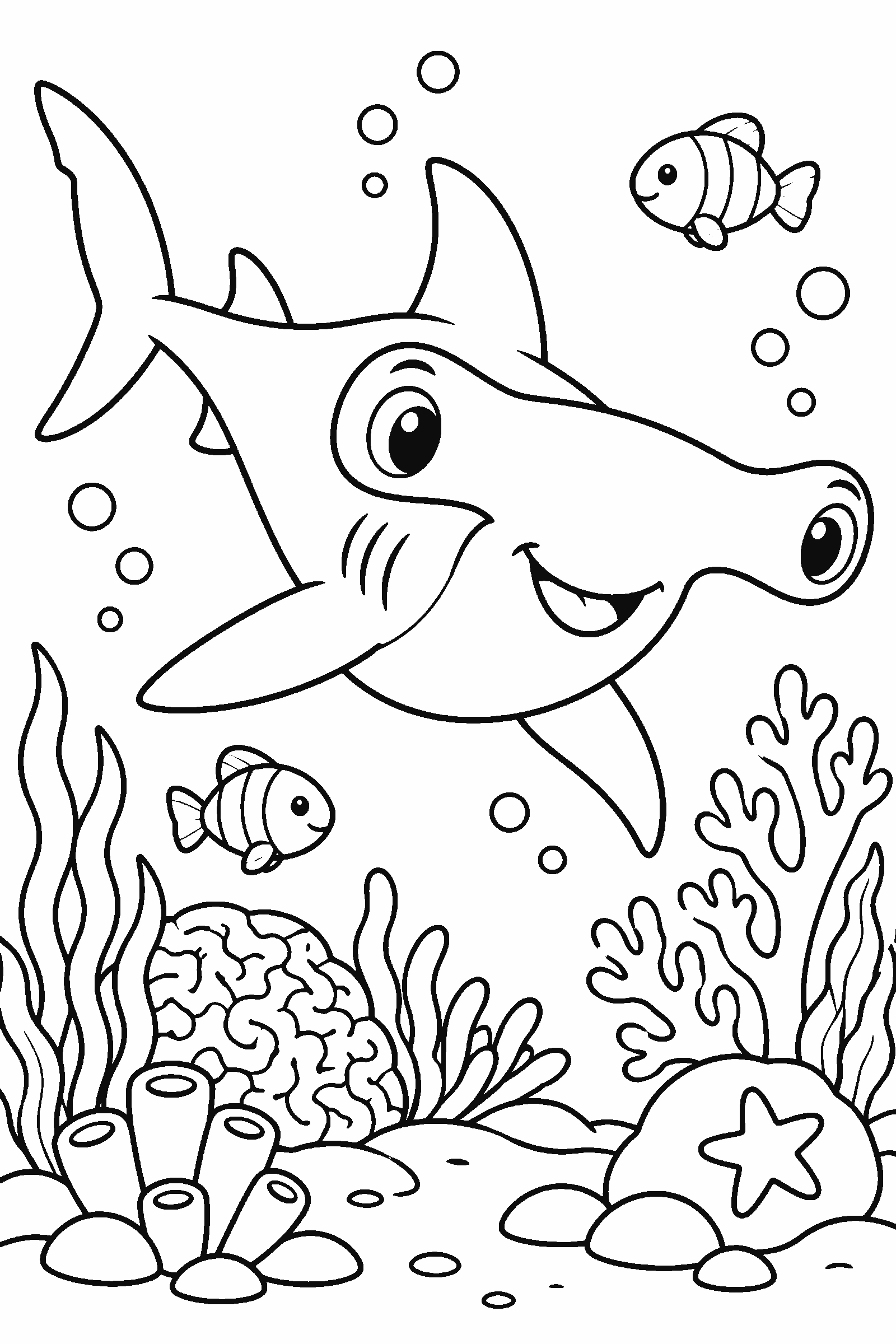 Coloring page of a hammerhead shark swimming over a coral reef