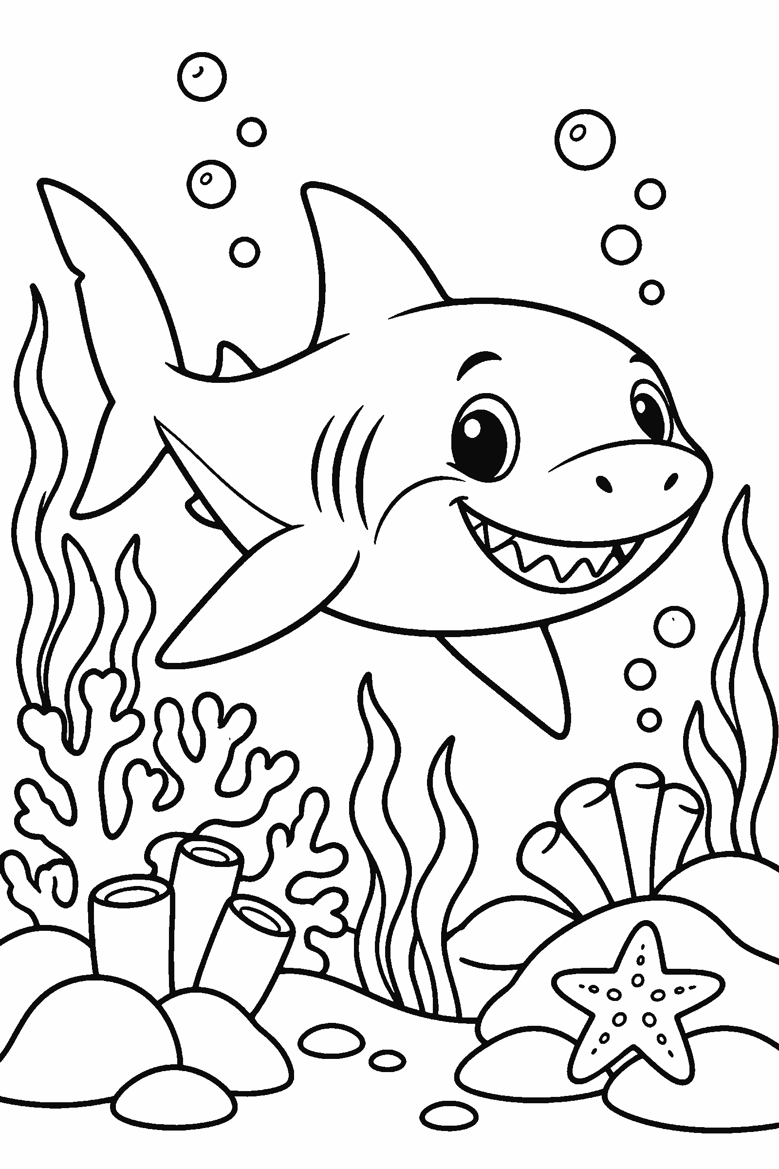 Coloring page of a shark swimming through a coral reef with seaweed