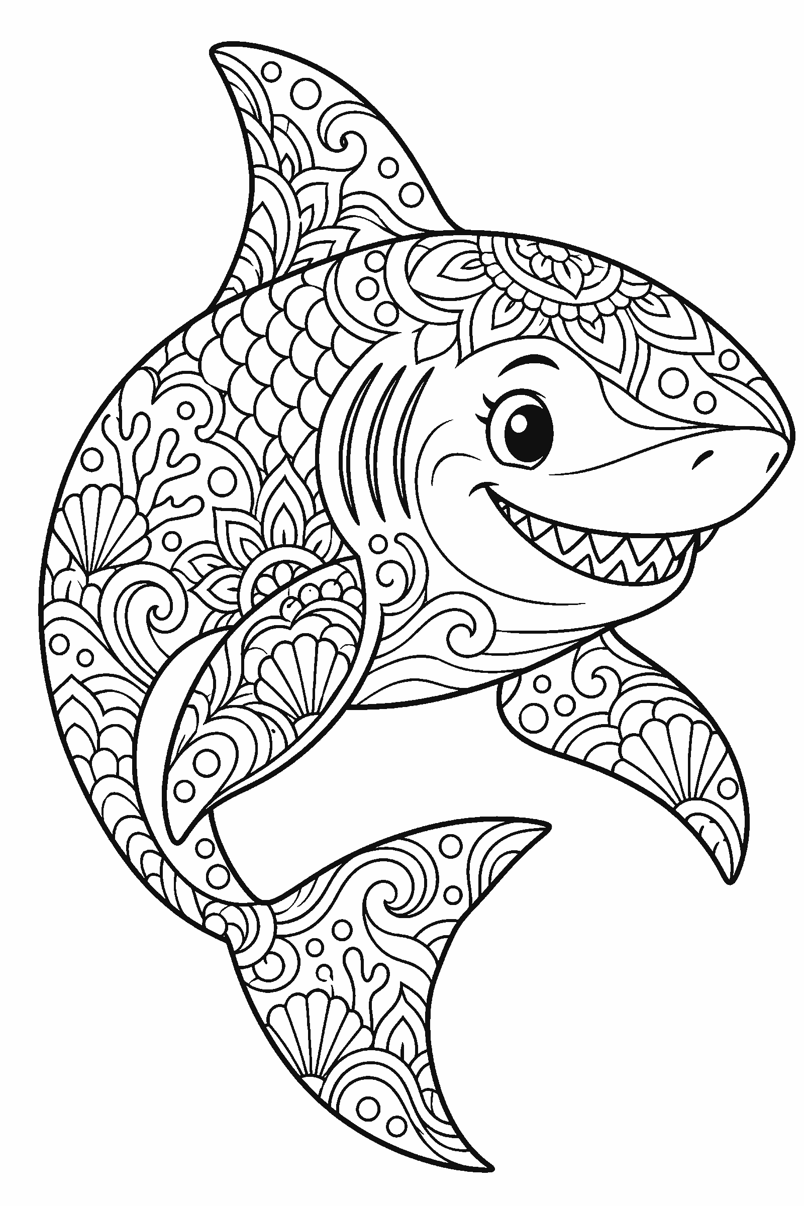 Coloring page of a detailed shark made of ocean mandala patterns