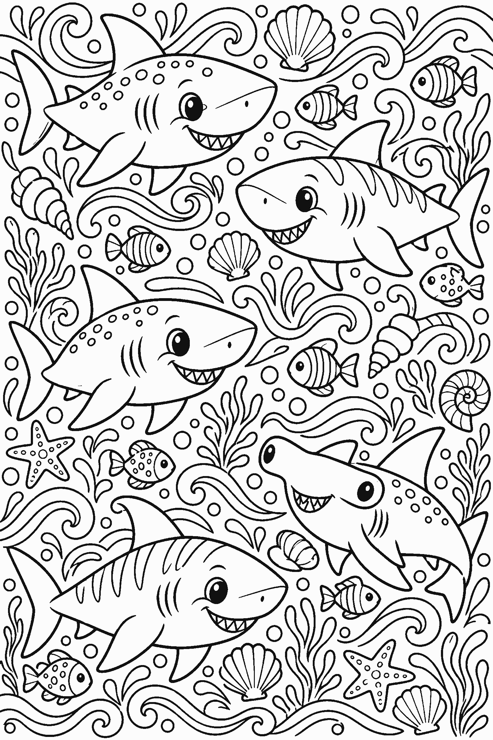 Coloring page of a full-page pattern of sharks, fish and waves