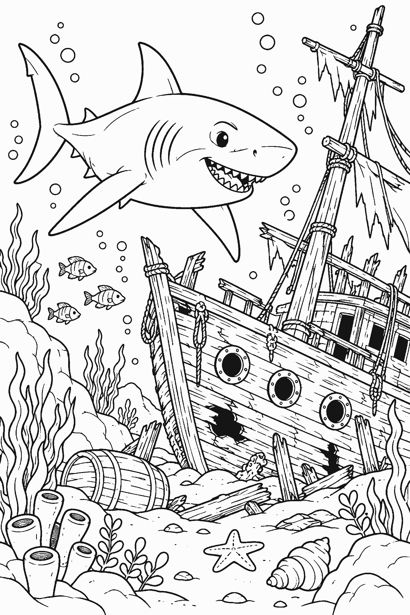Coloring page of a shark near a shipwreck