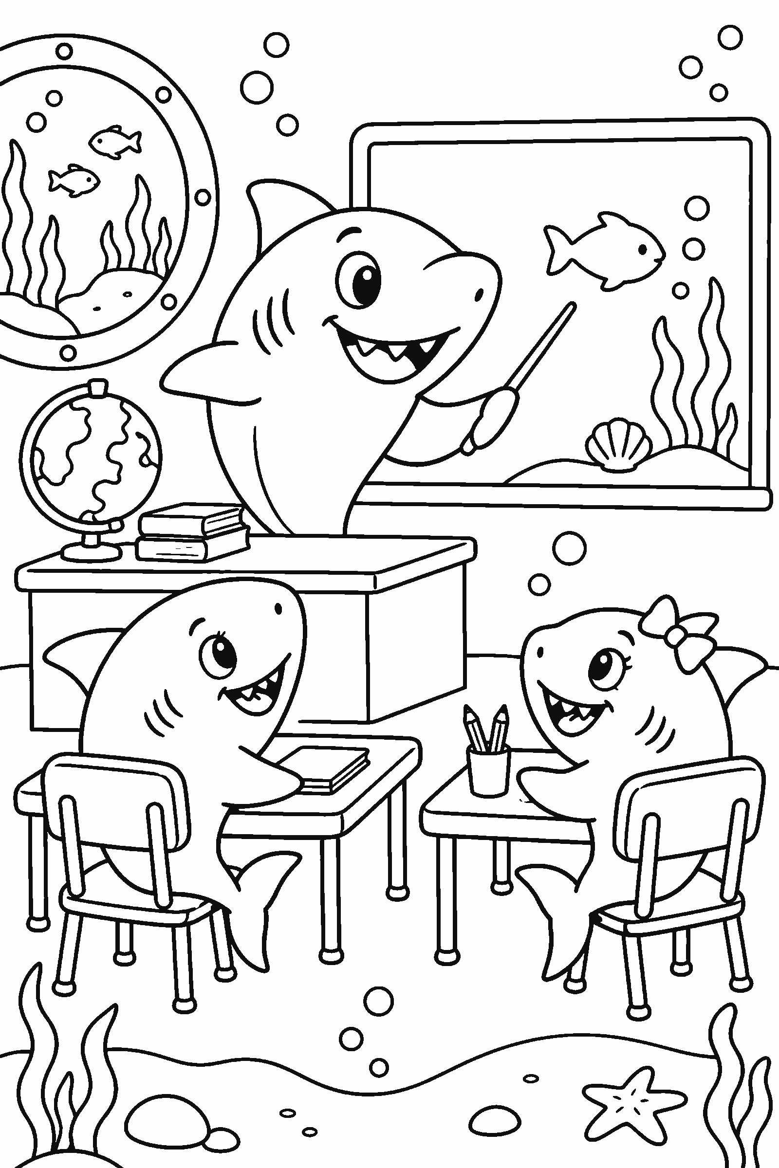 Coloring page of sharks in a classroom underwater