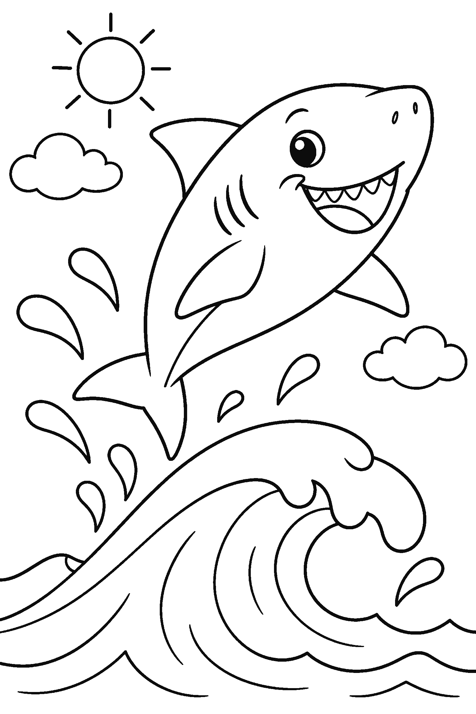 Coloring page of a shark jumping out of a wave