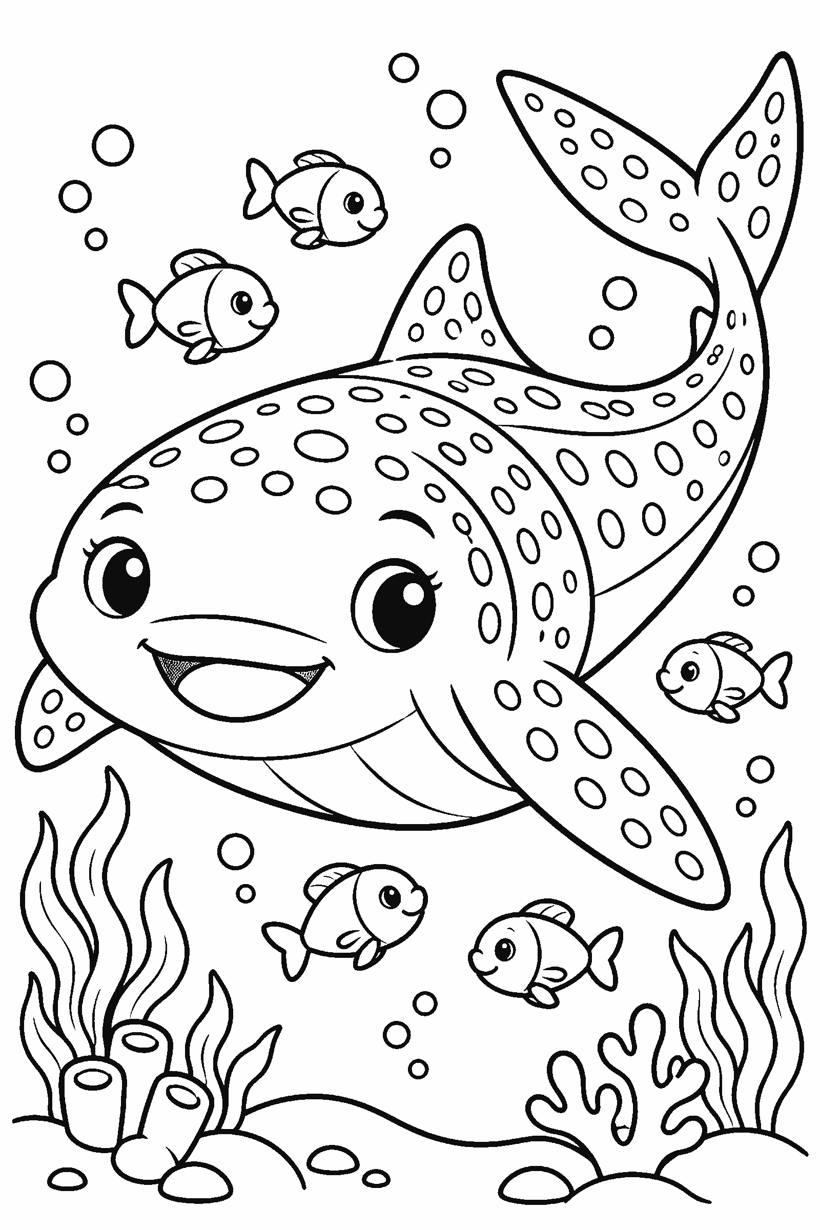 Coloring page of a whale shark with spots swimming with small fish