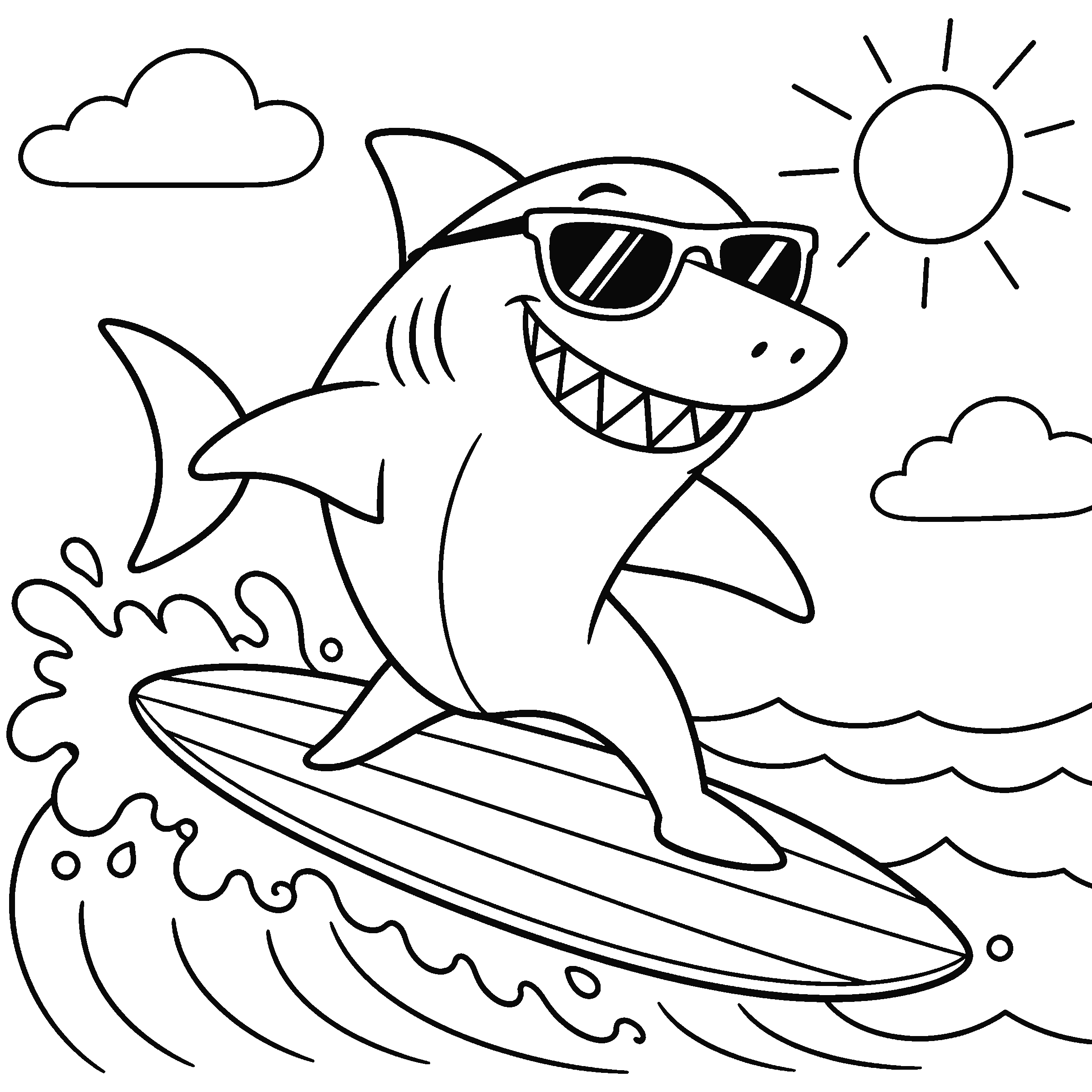 Coloring page of a cool shark wearing sunglasses on a surfboard