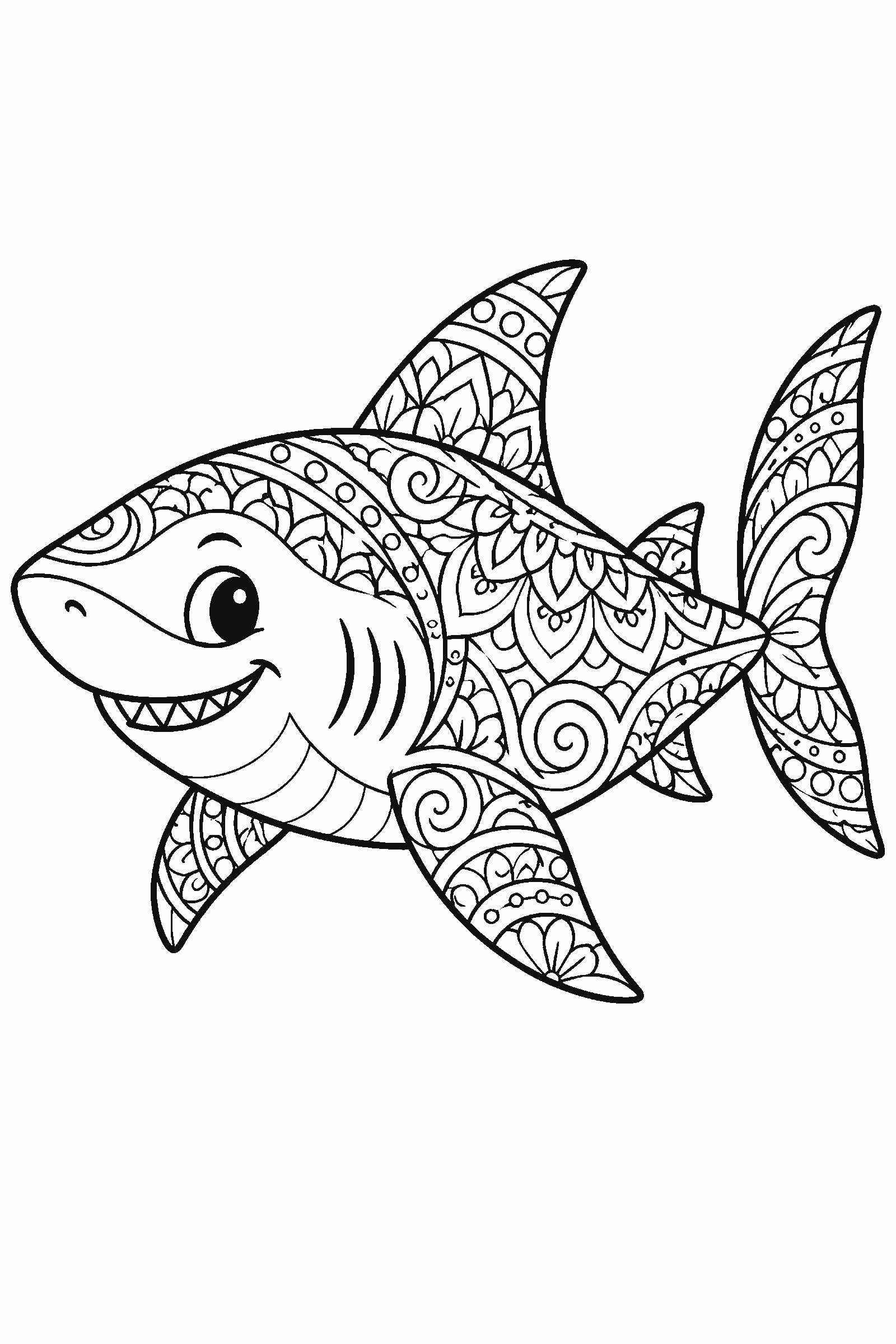 Coloring page of a shark filled with zentangle patterns