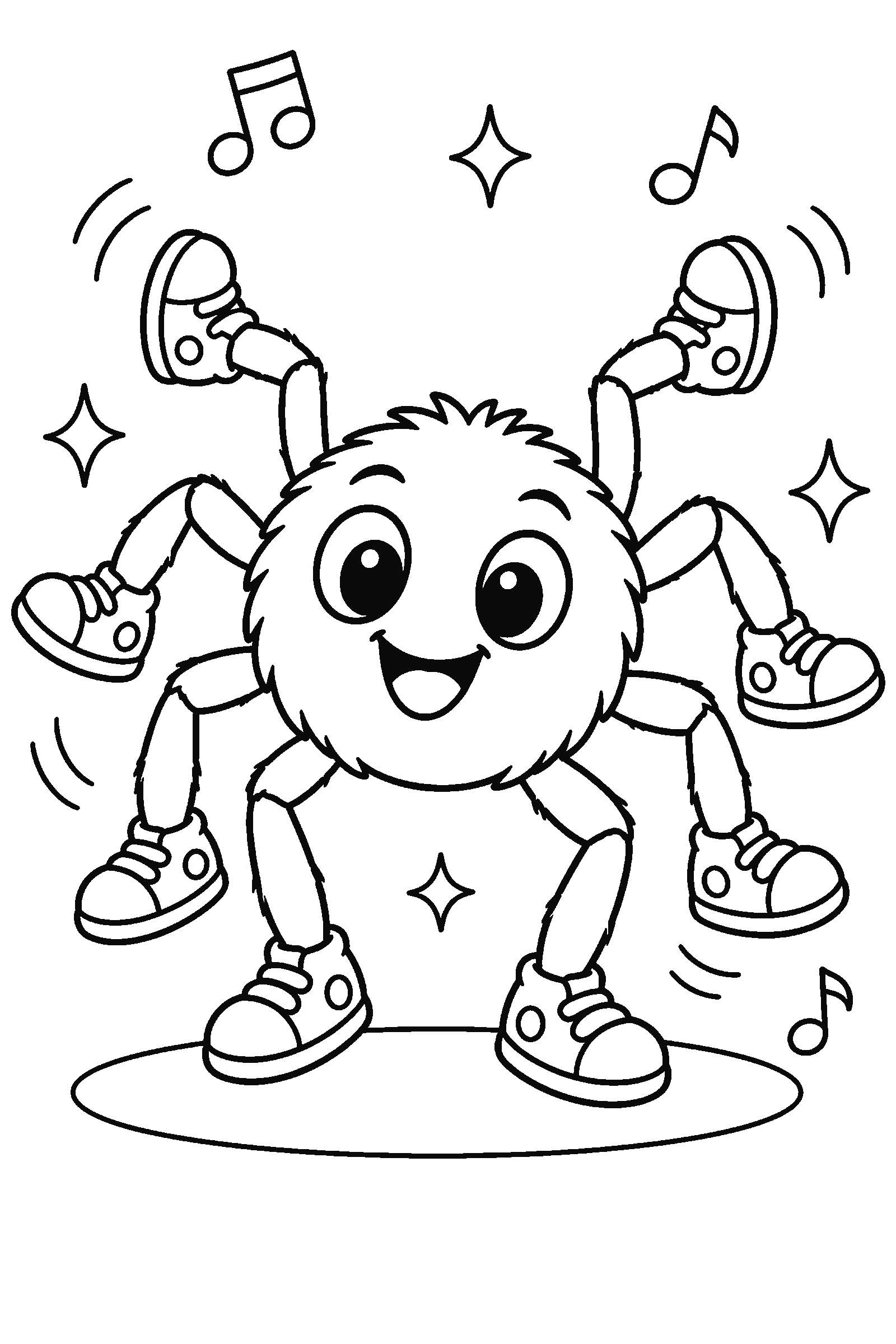 Coloring page of a spider dancing with eight shoes