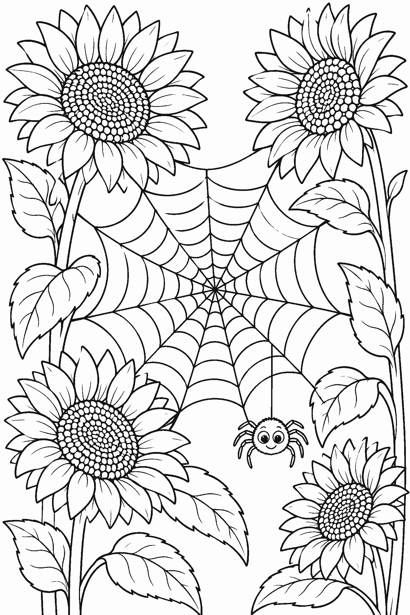 Coloring page of a spider web between sunflowers