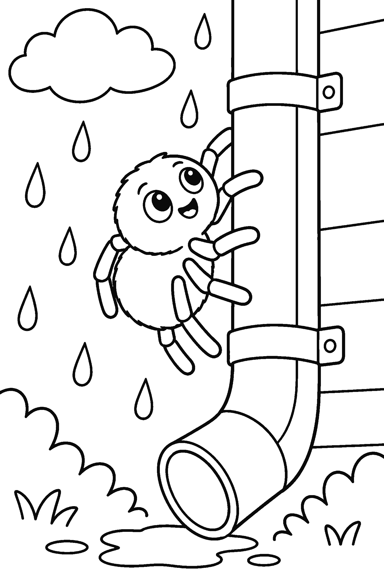 Coloring page of a spider climbing up a water spout with rain
