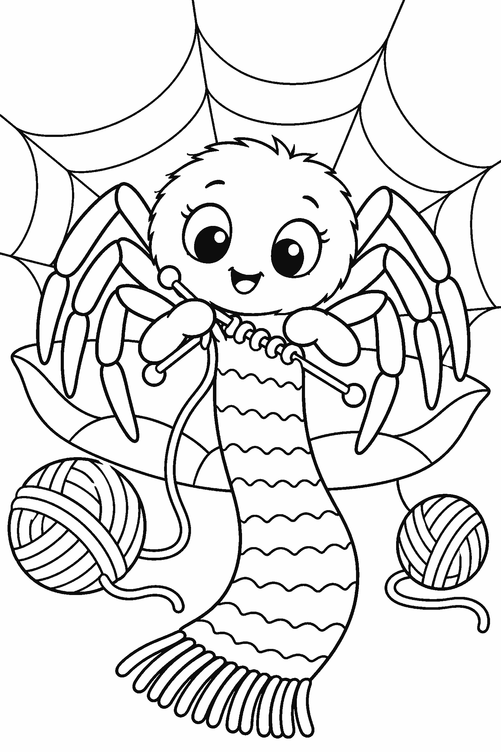 Coloring page of a spider knitting a scarf