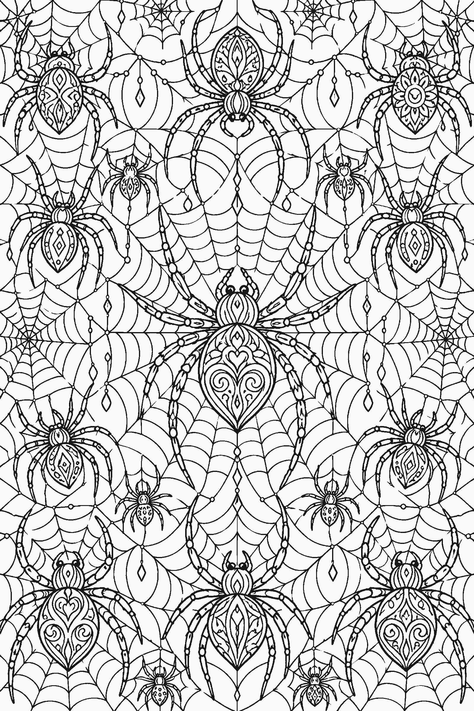 Coloring page of a full-page pattern of spiders and webs