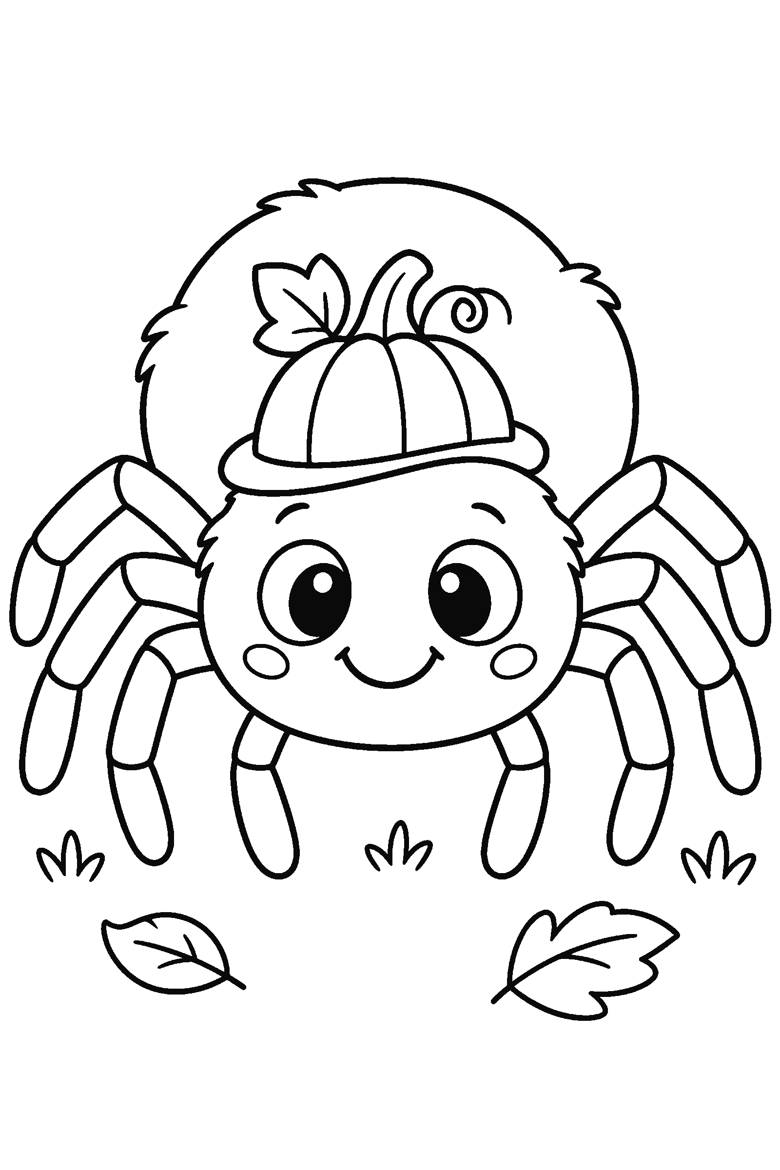 Coloring page of a spider wearing a tiny pumpkin hat