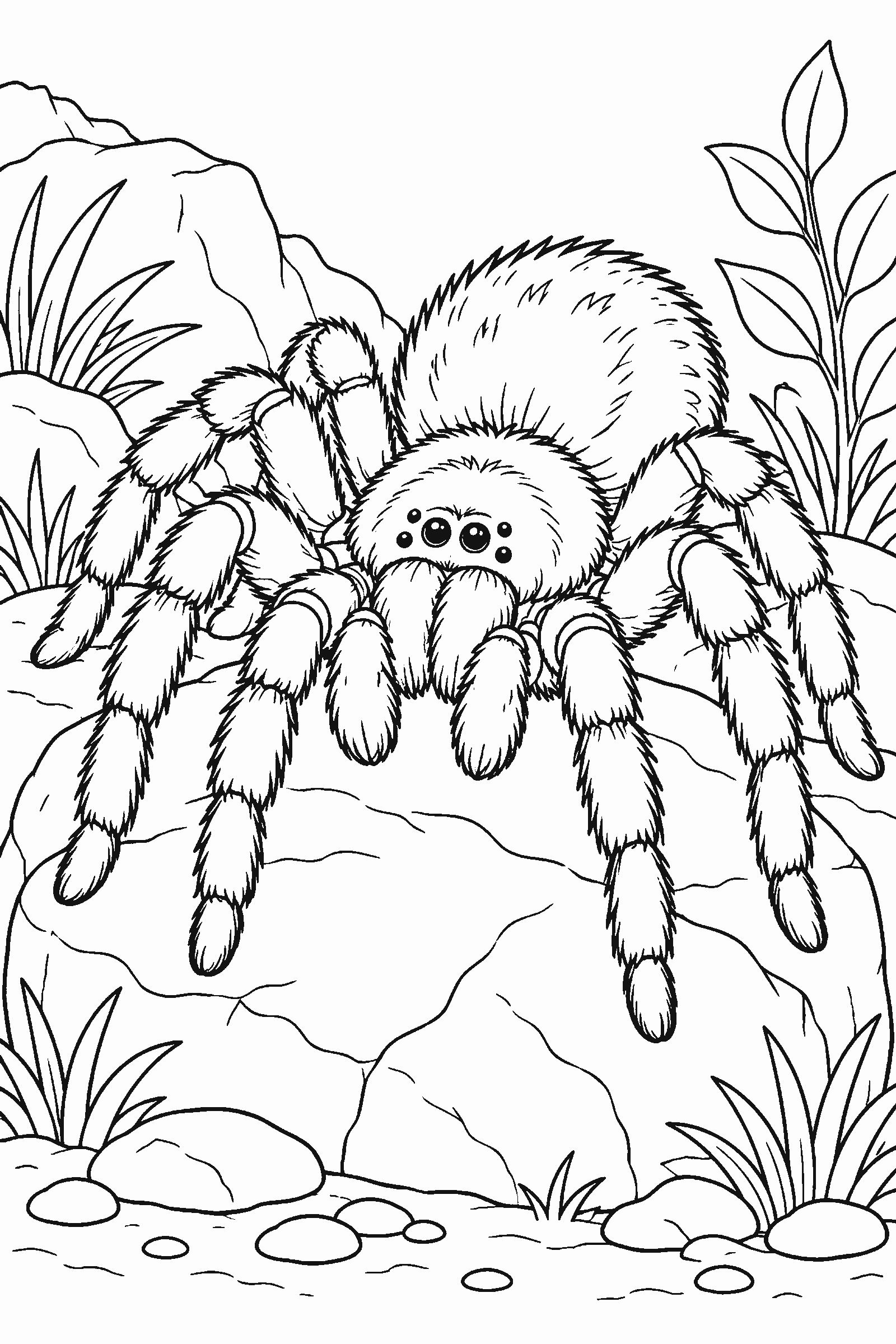 Coloring page of a fuzzy tarantula on a rock