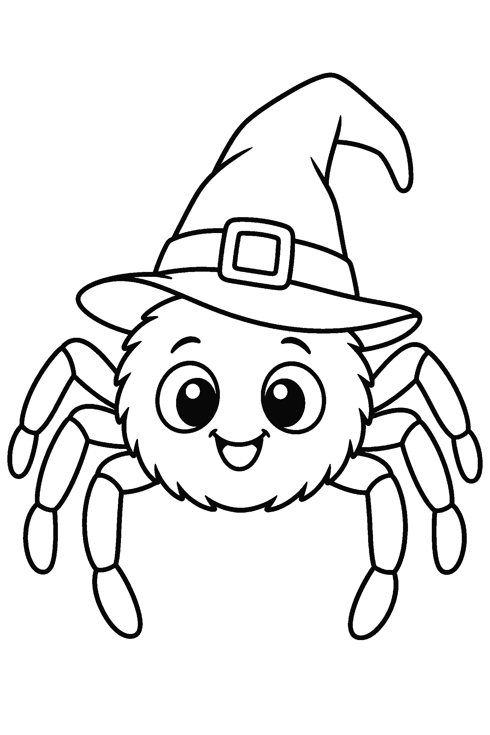 Coloring page of a spider wearing a witch hat