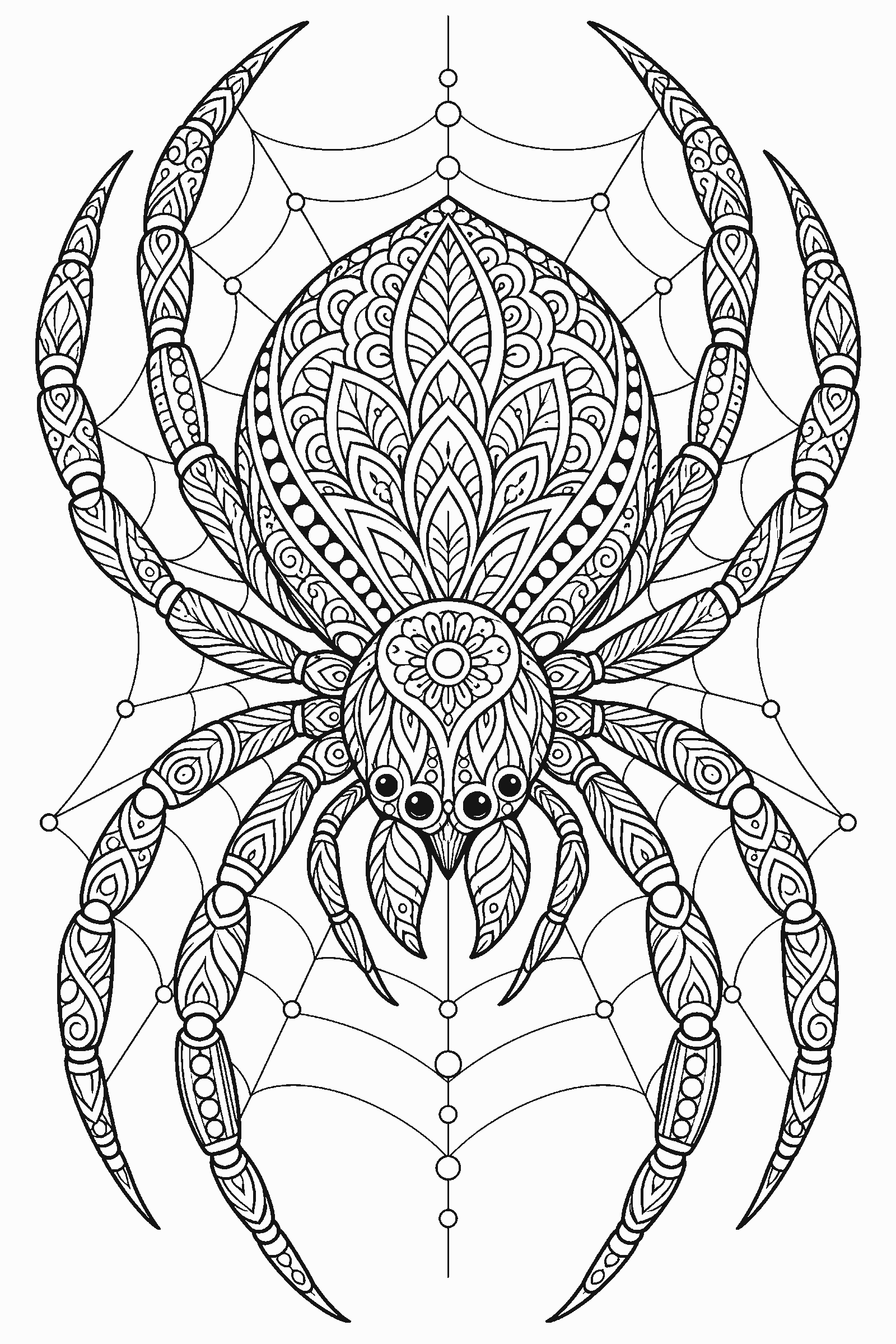 Coloring page of a spider filled with zentangle patterns