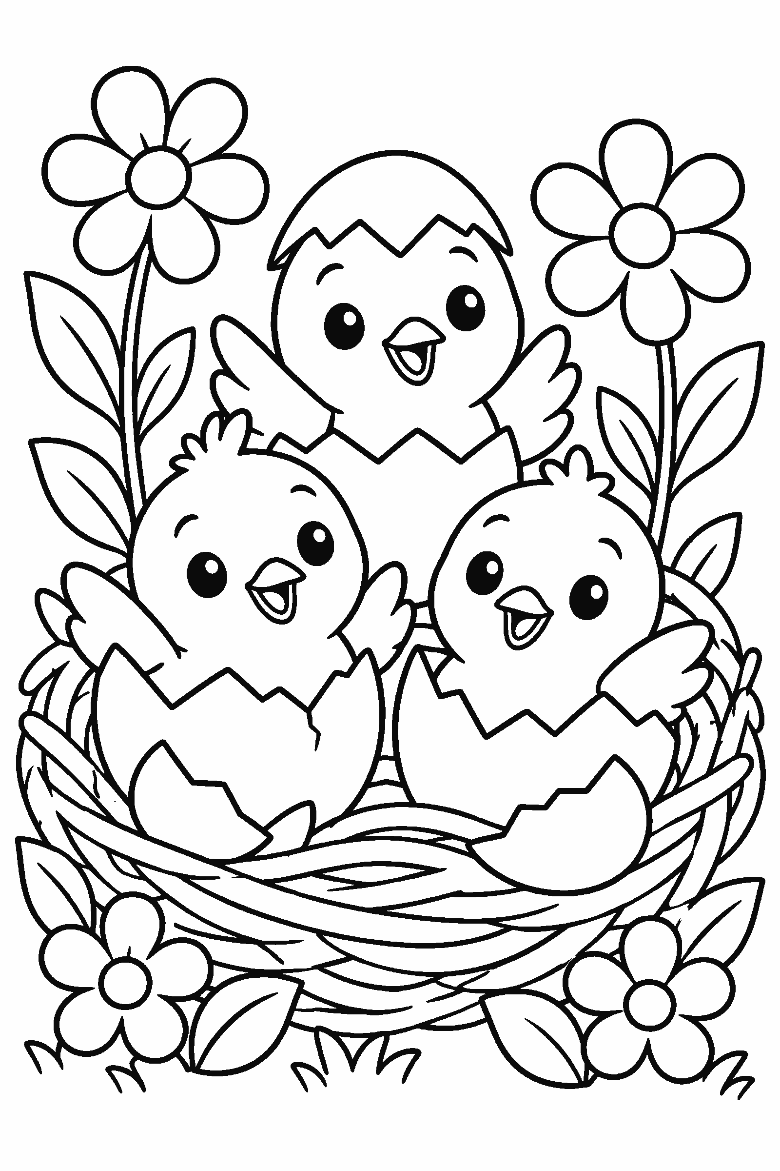 Coloring page of three baby chicks hatching from eggs in a nest with flowers