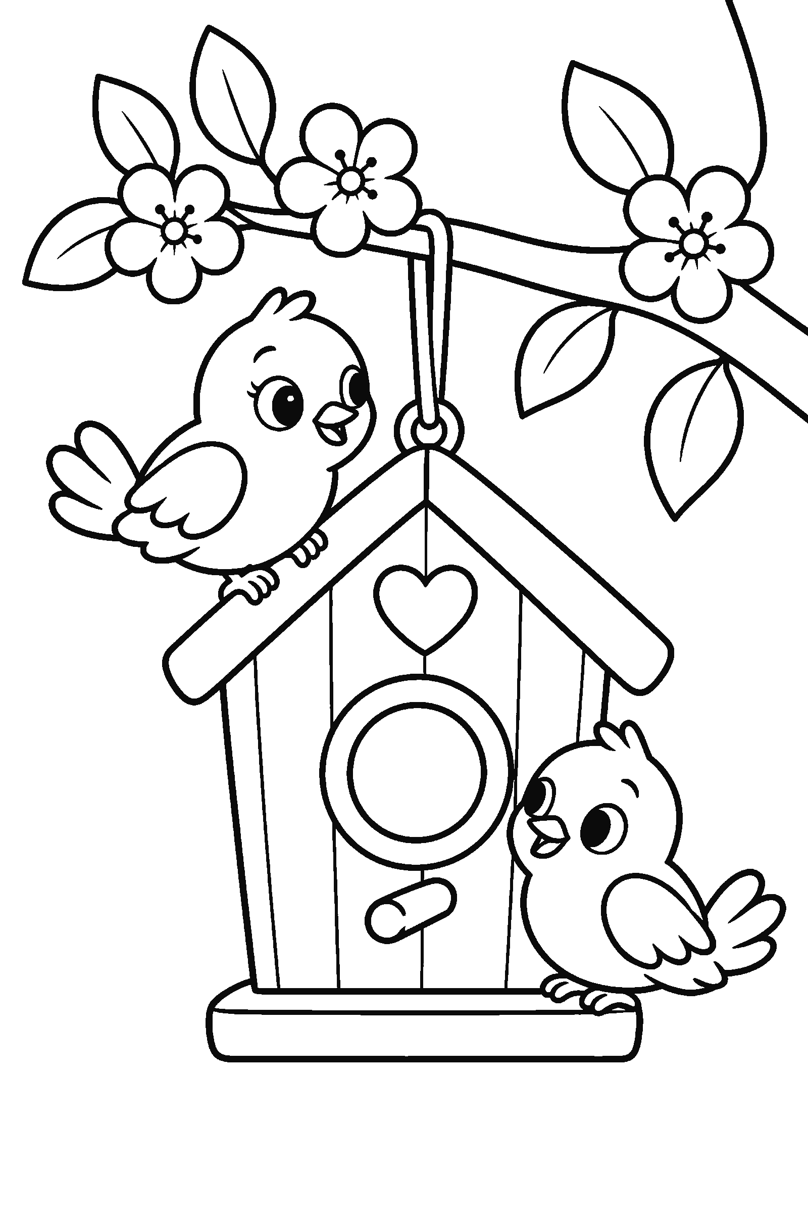 Coloring page of a birdhouse on a blossoming branch with two little birds