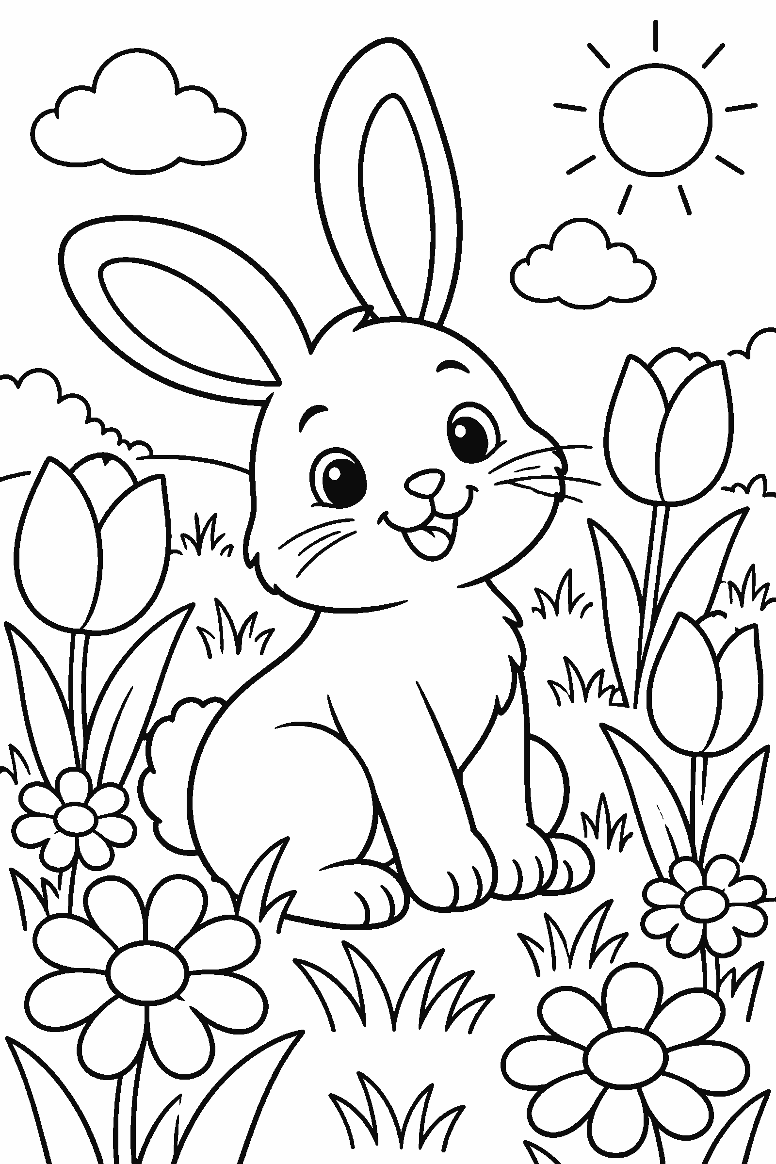 Coloring page of a bunny in a spring meadow full of tulips and daisies