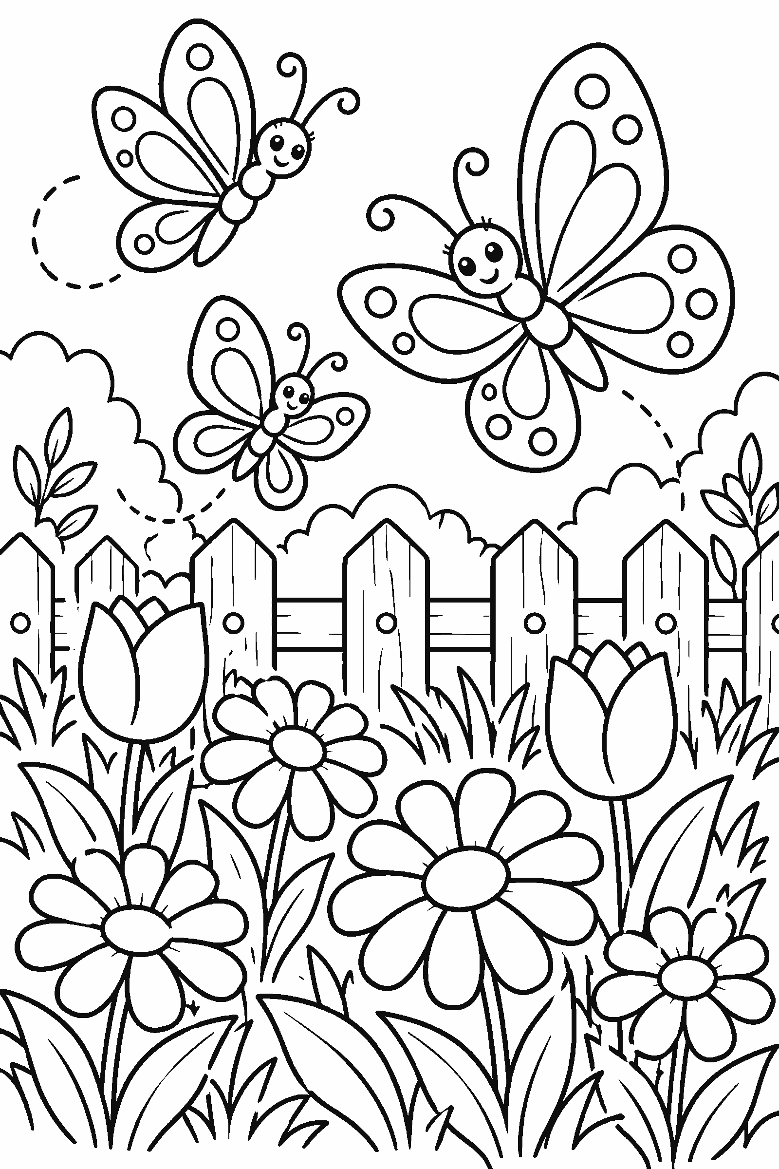Coloring page of butterflies flying over a garden with daisies, tulips and a fence