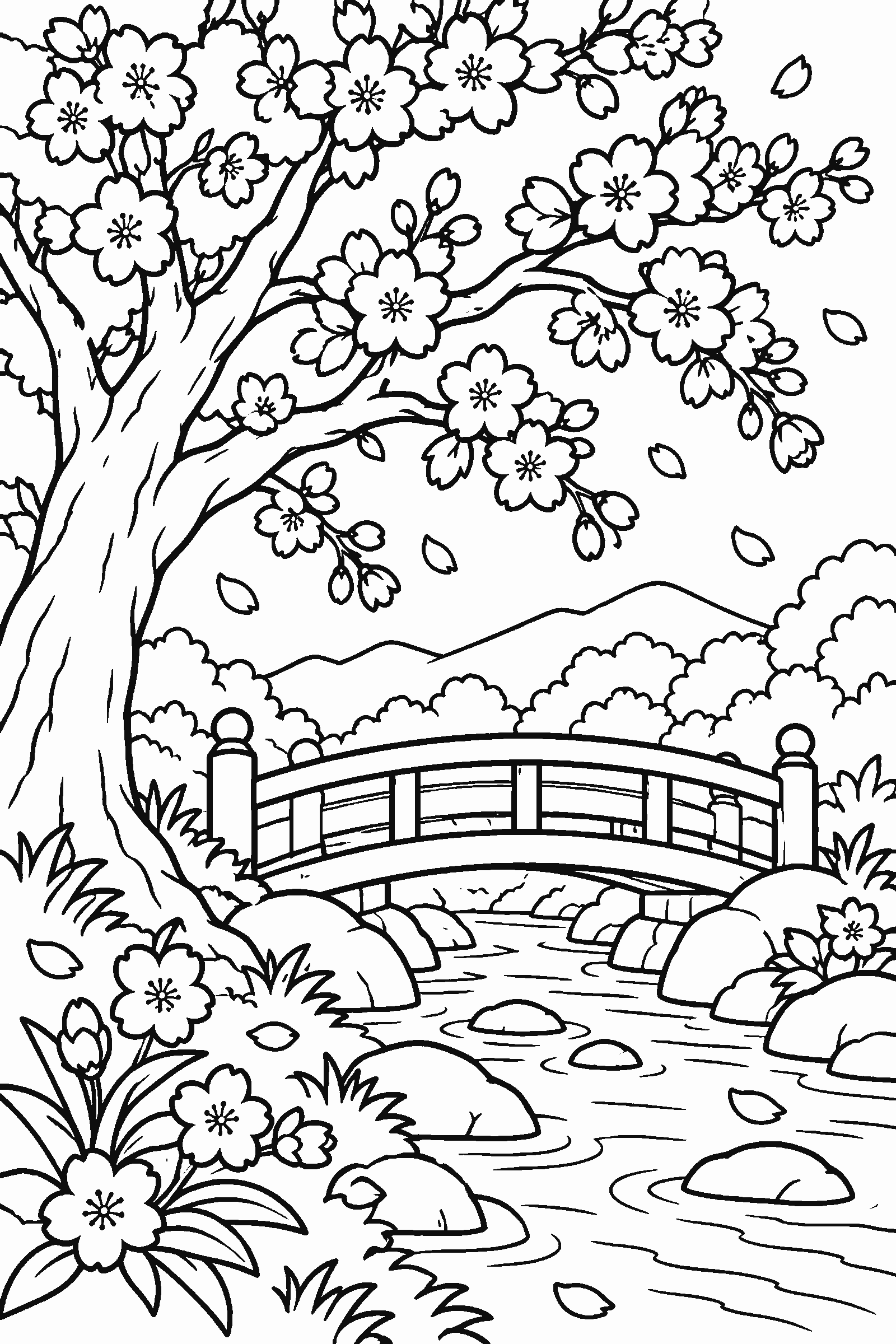 Coloring page of a cherry blossom tree by a small bridge over a stream