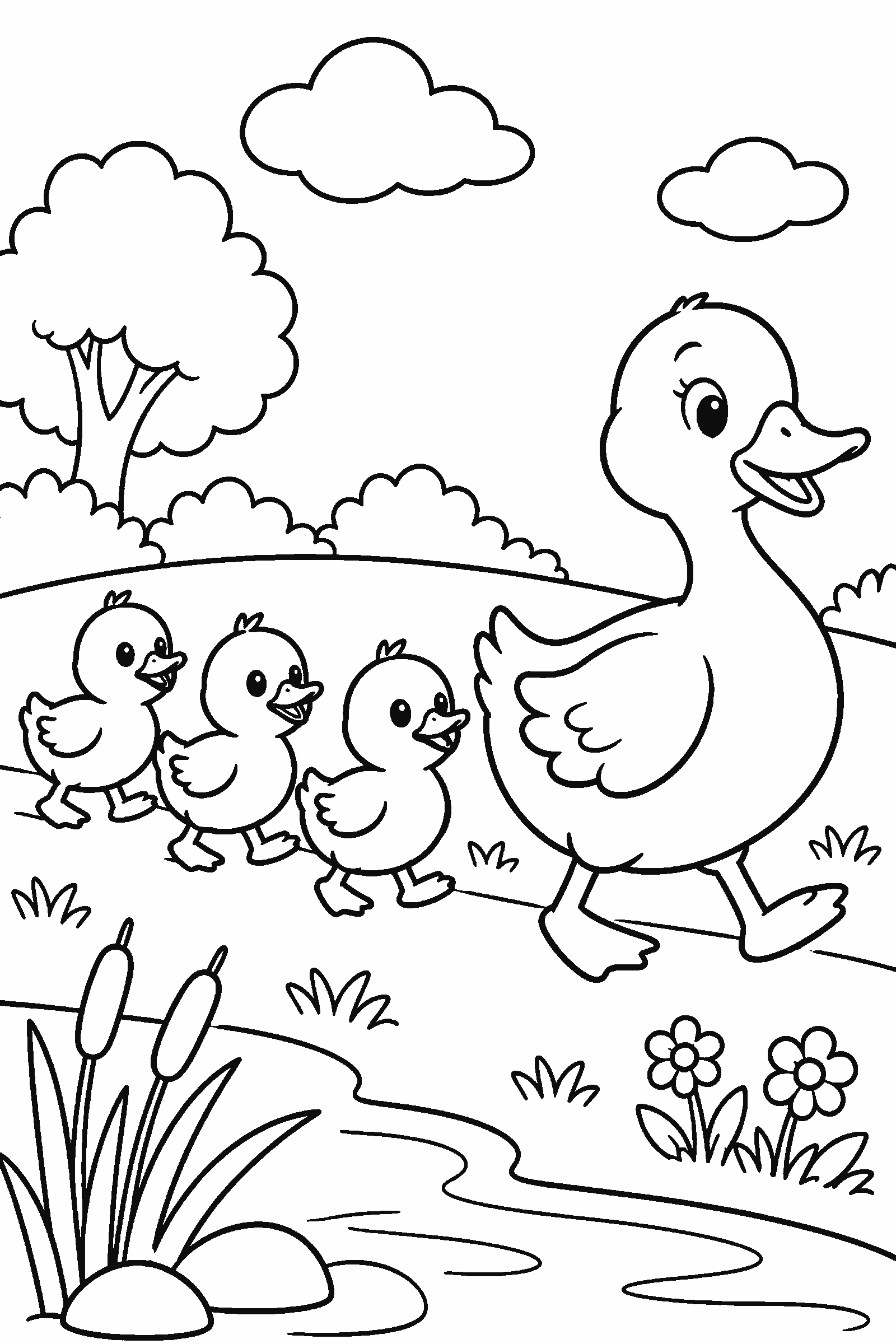 Coloring page of ducklings following their mother