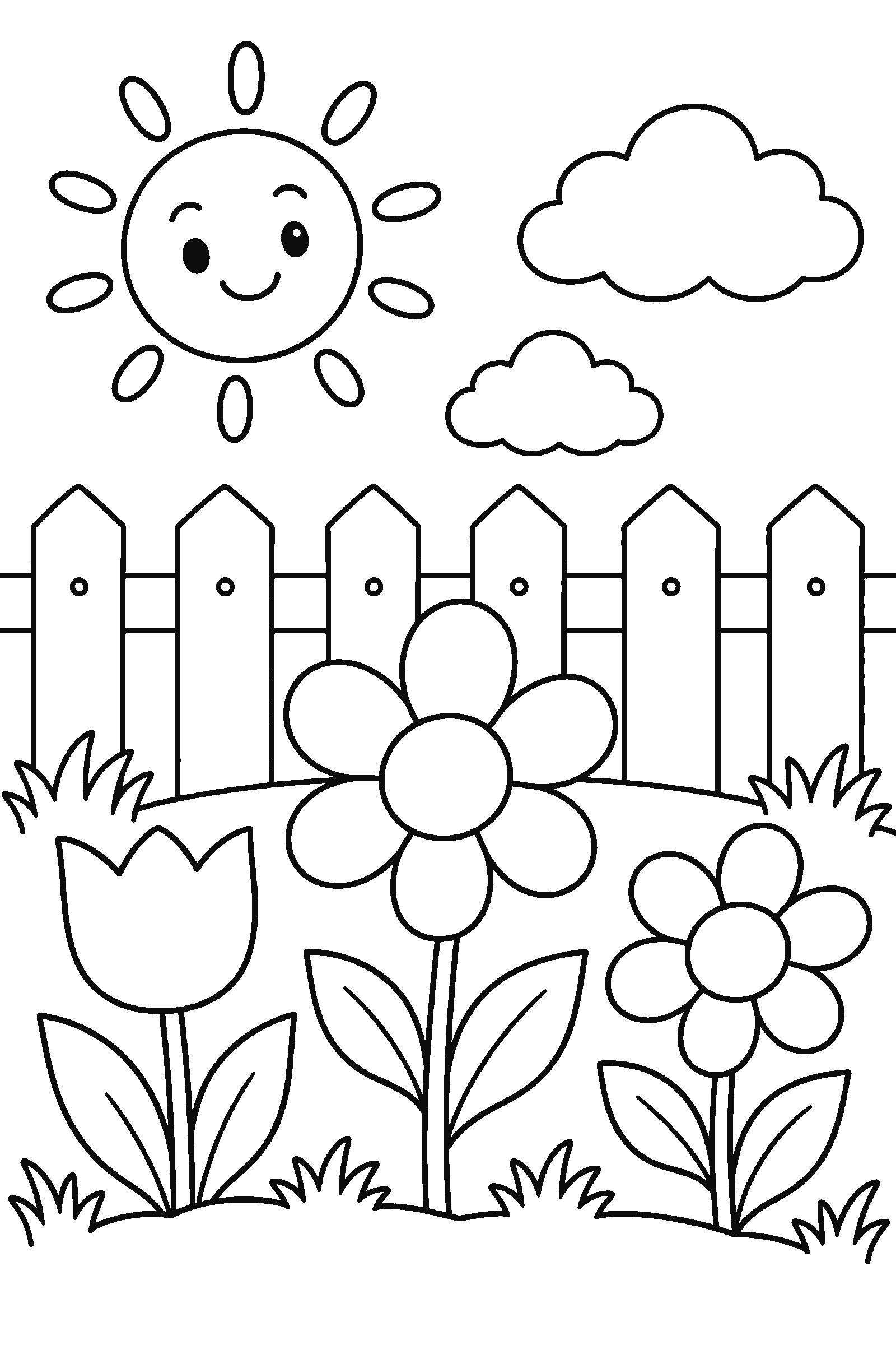 Coloring page of a flower garden with a fence