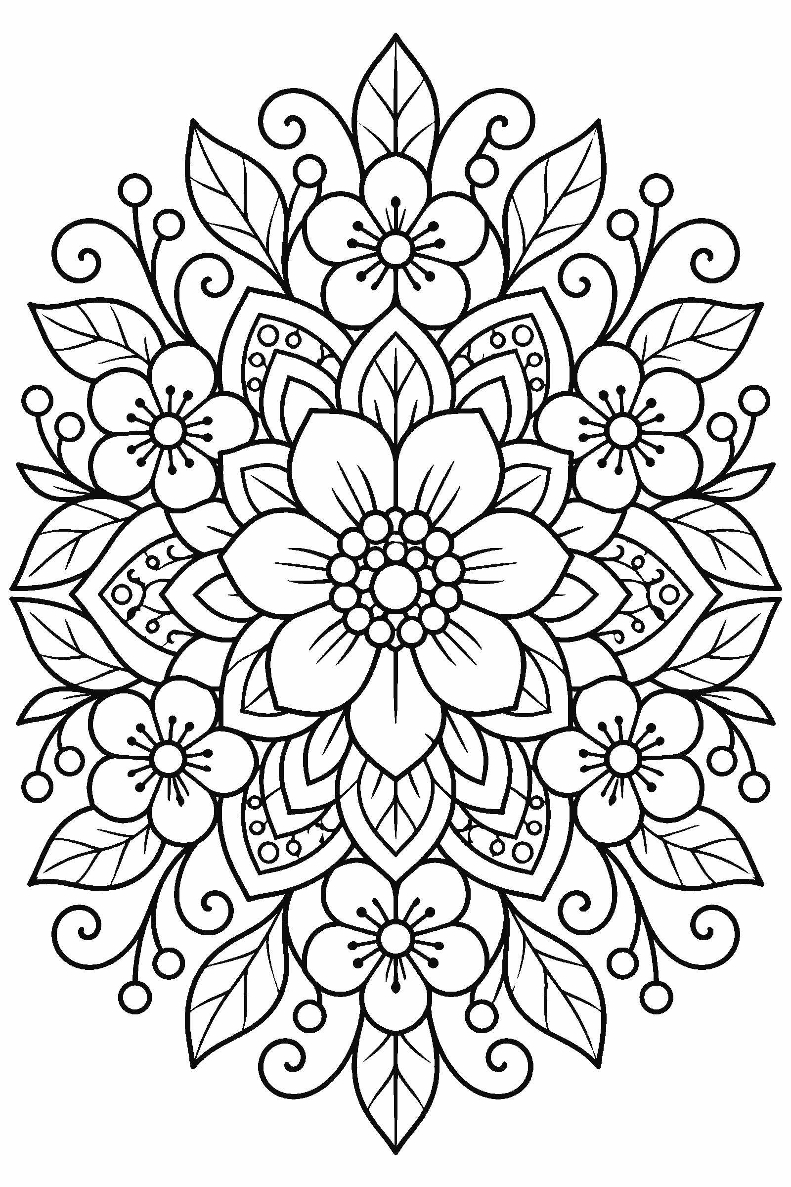 Coloring page of a detailed spring flower mandala with petals, leaves and swirls