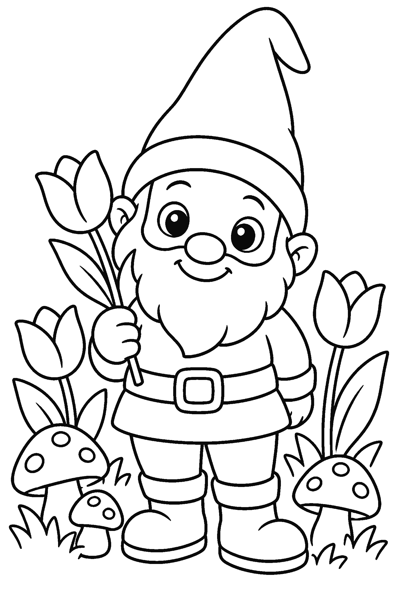 Coloring page of a cute garden gnome among tulips and mushrooms