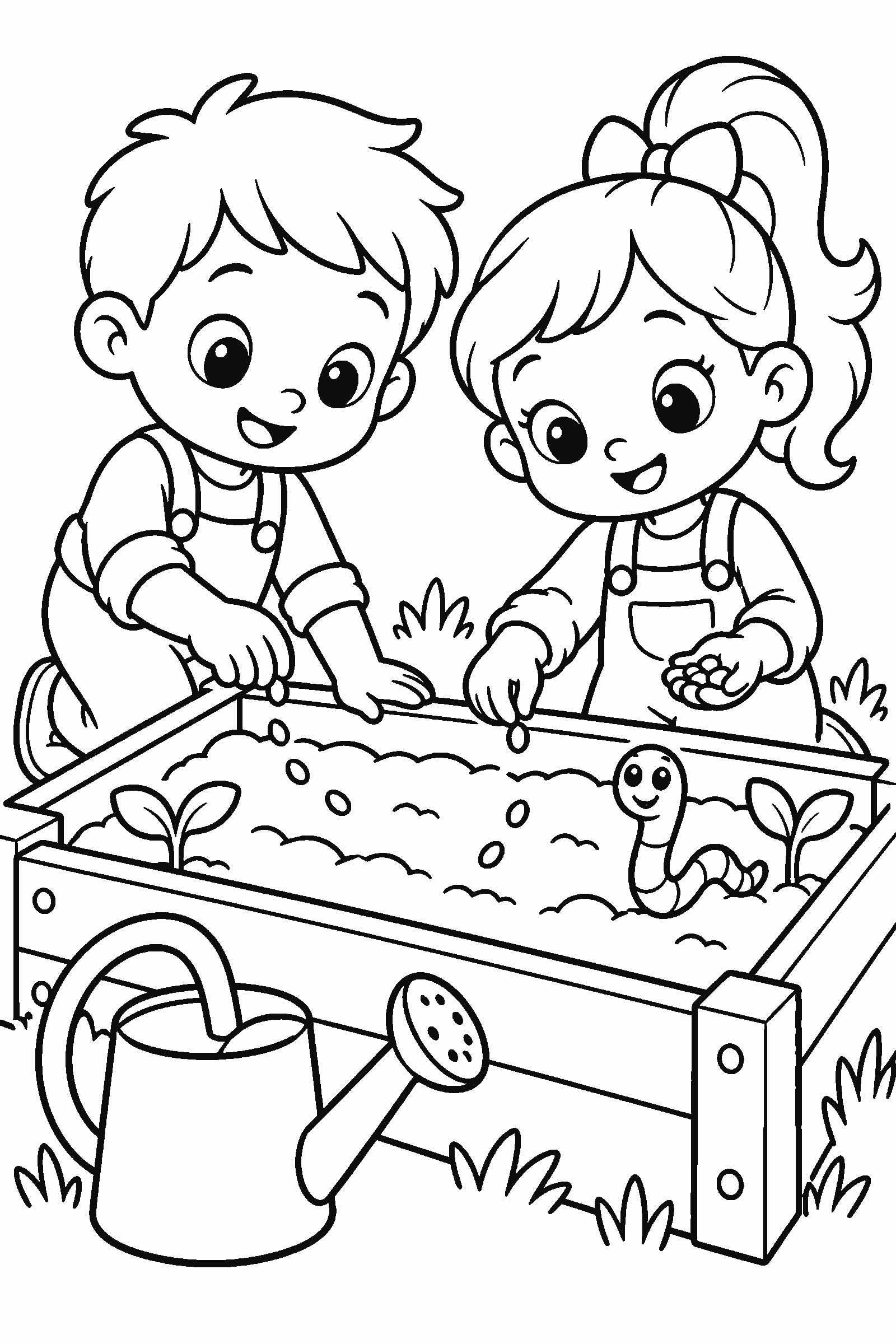 Coloring page of two kids planting seeds in a garden bed with a watering can and a worm