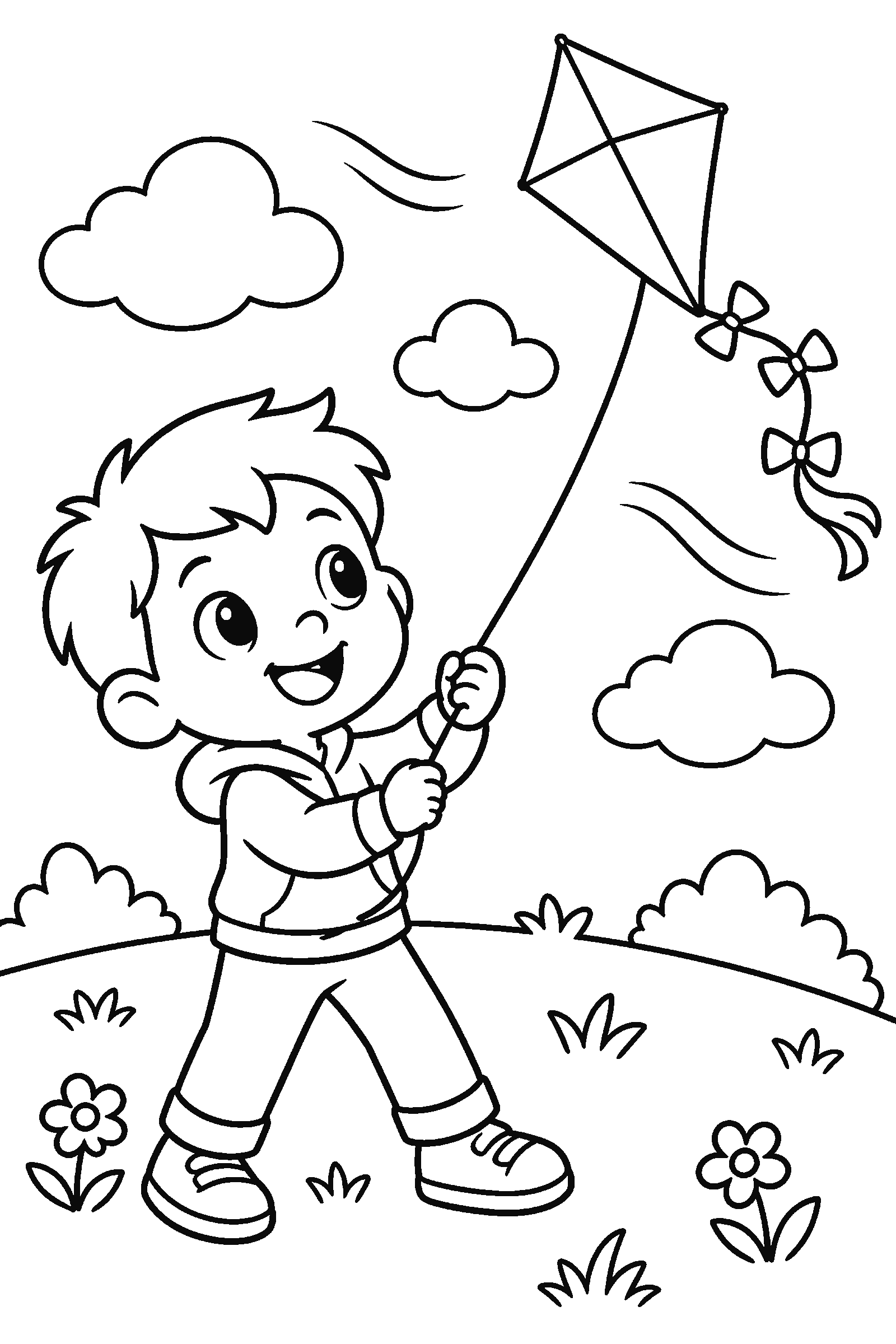 Coloring page of a child flying a kite on a windy spring hill with clouds