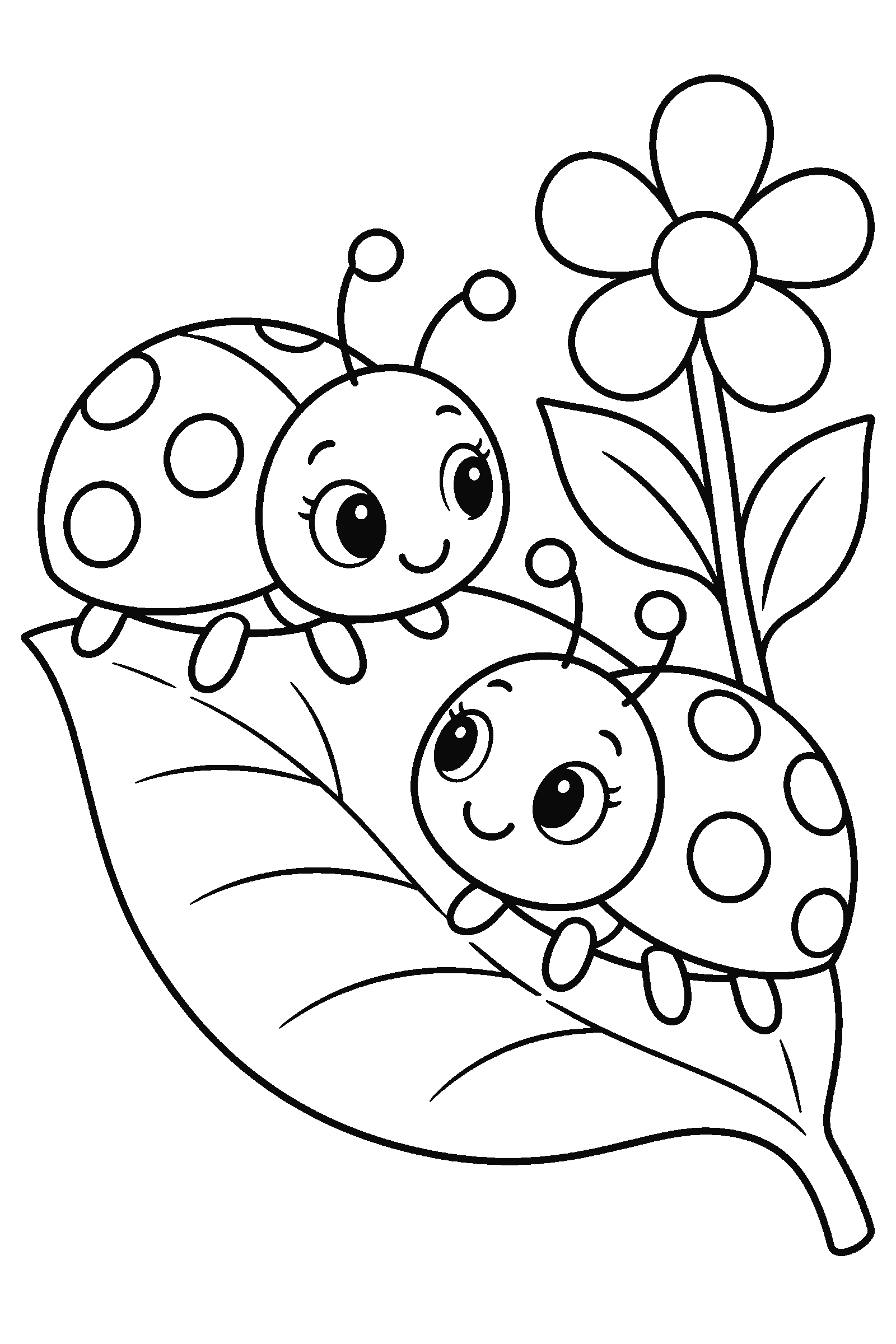 Coloring page of two cute ladybugs on a big leaf with a flower