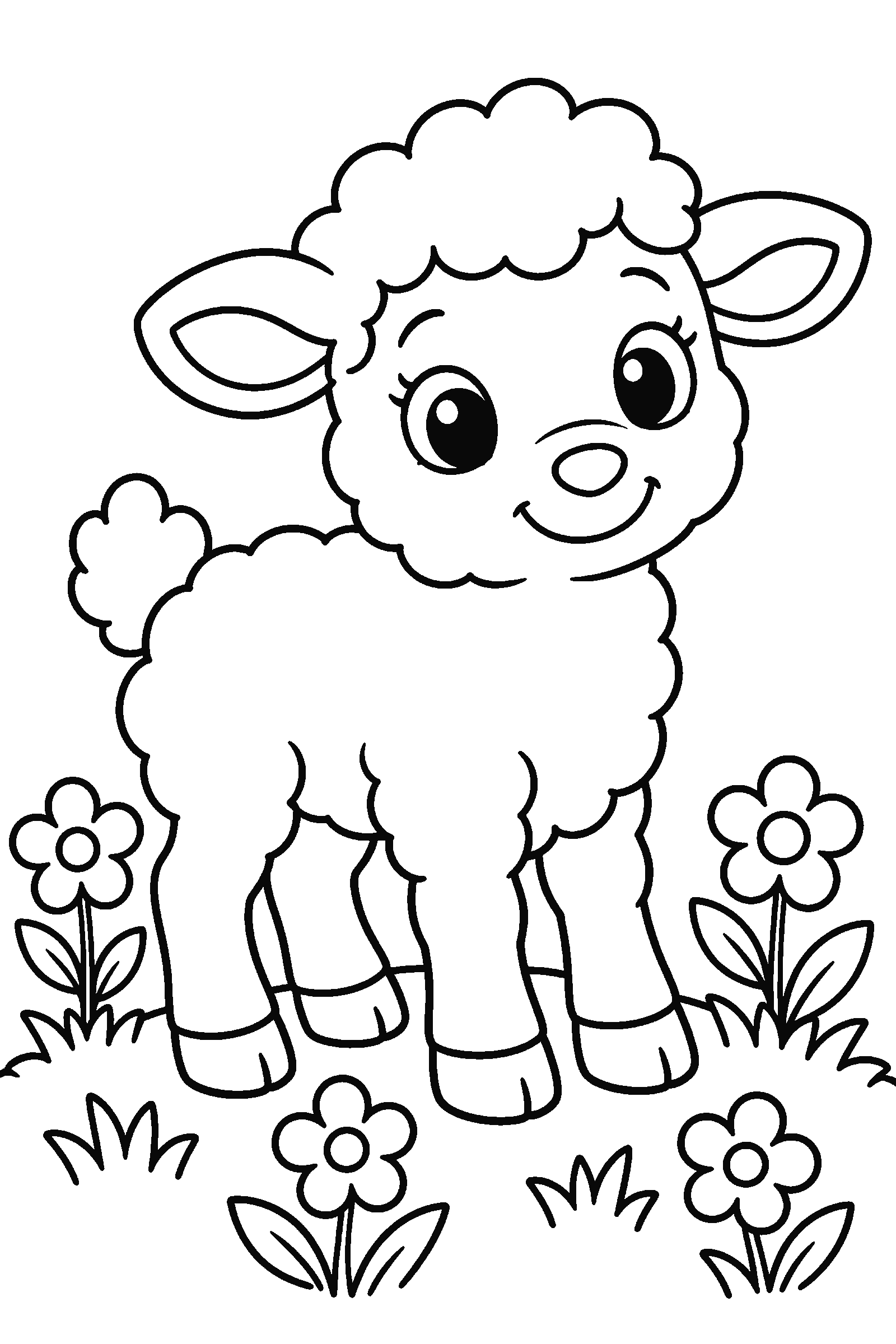 Coloring page of a fluffy lamb in a field of flowers