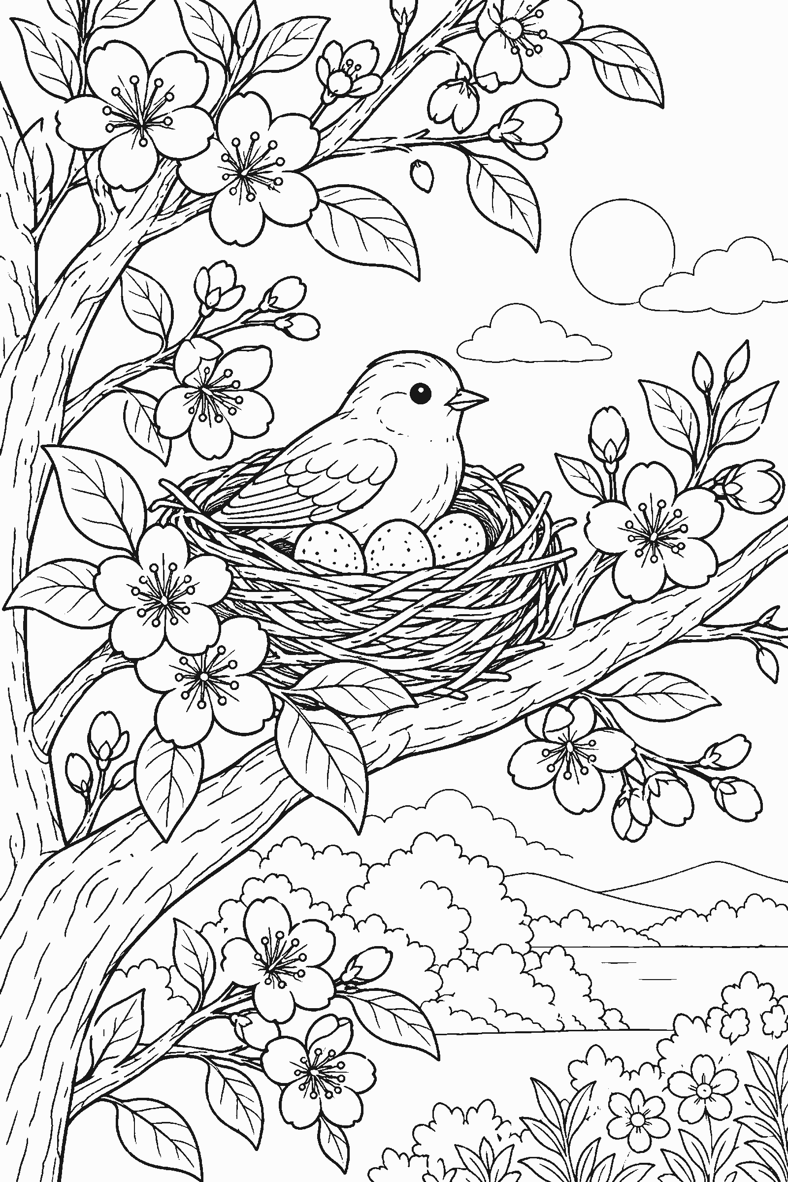Coloring page of a bird nest in a blossoming tree