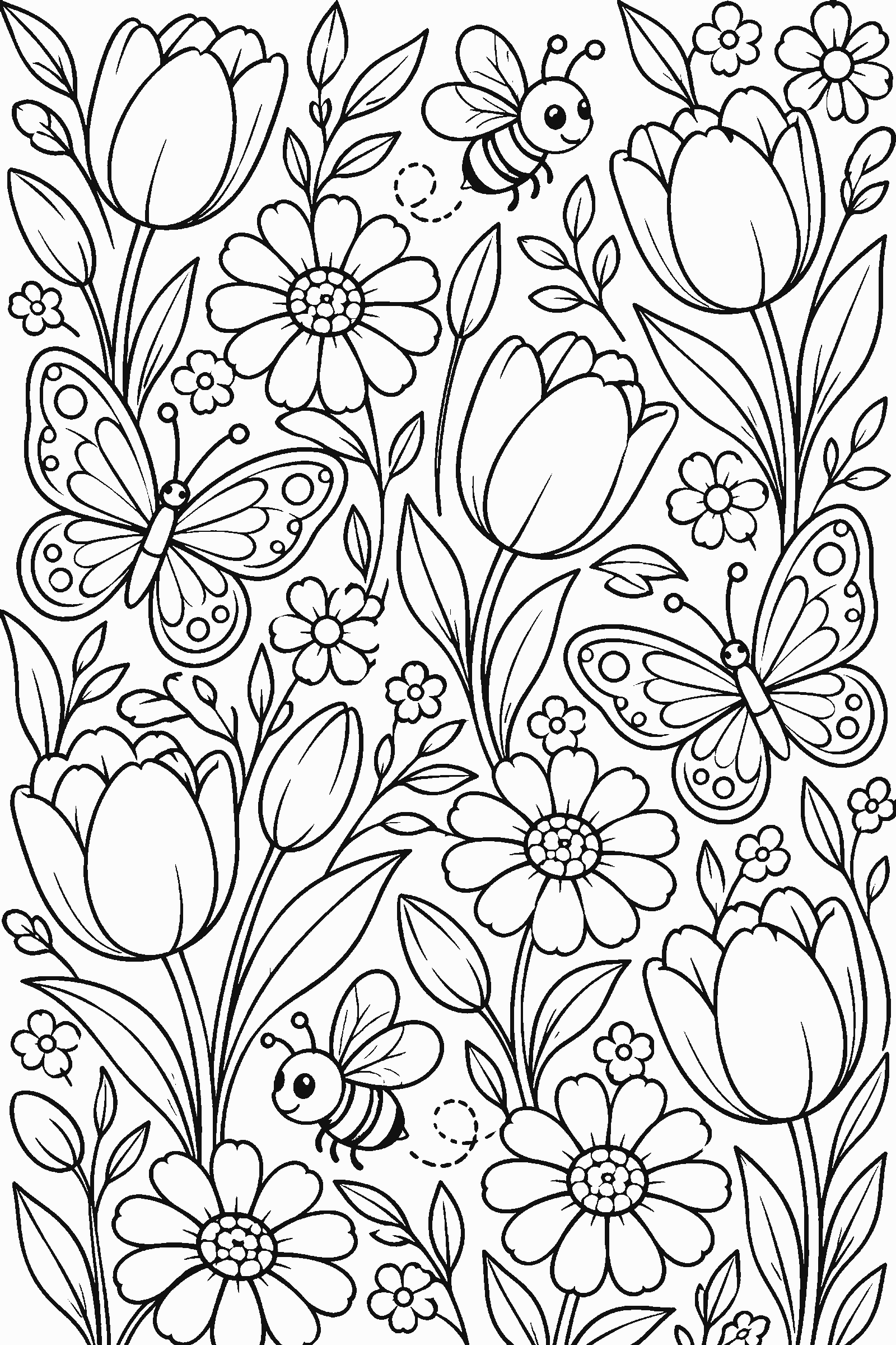 Coloring page of a full-page pattern of tulips, daisies, leaves, bees and butterflies