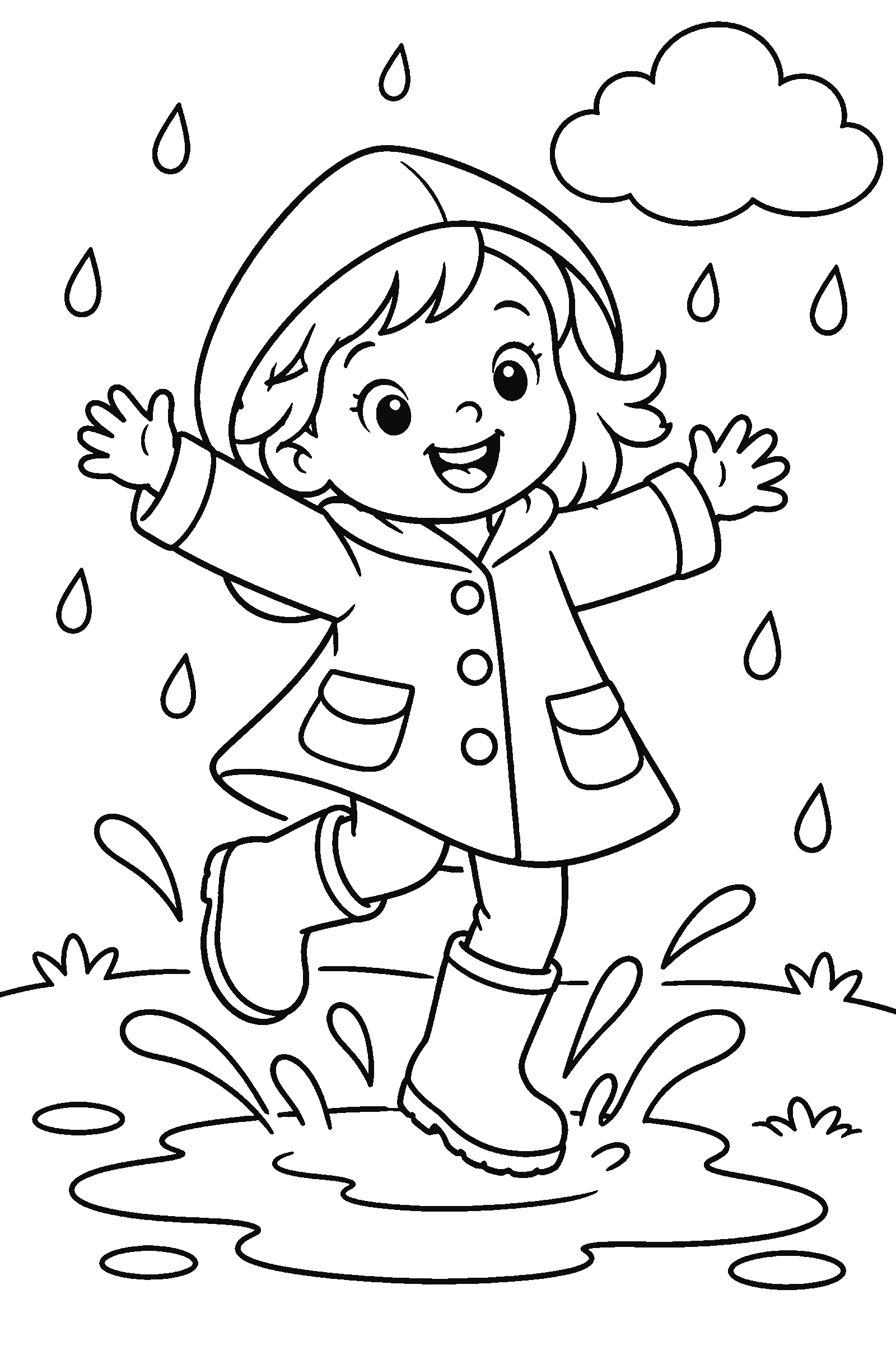 Coloring page of a kid jumping in a puddle
