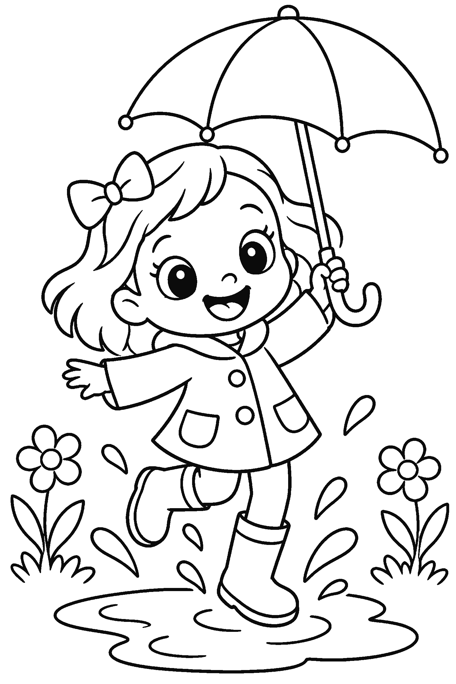 Coloring page of a child with rain boots and an umbrella jumping in puddles with flowers