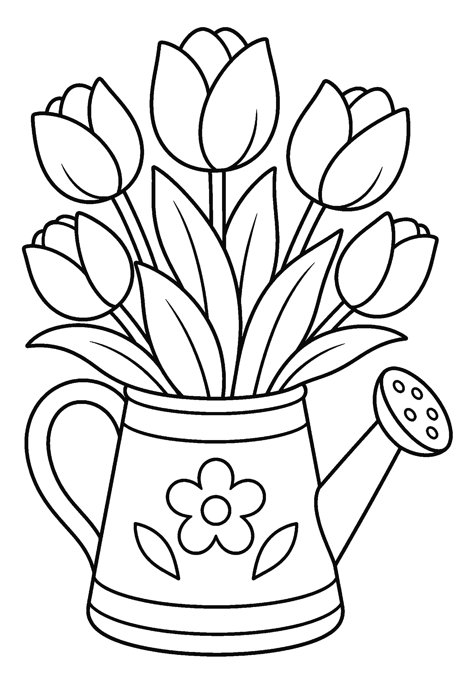 Coloring page of a bouquet of tulips in a watering can