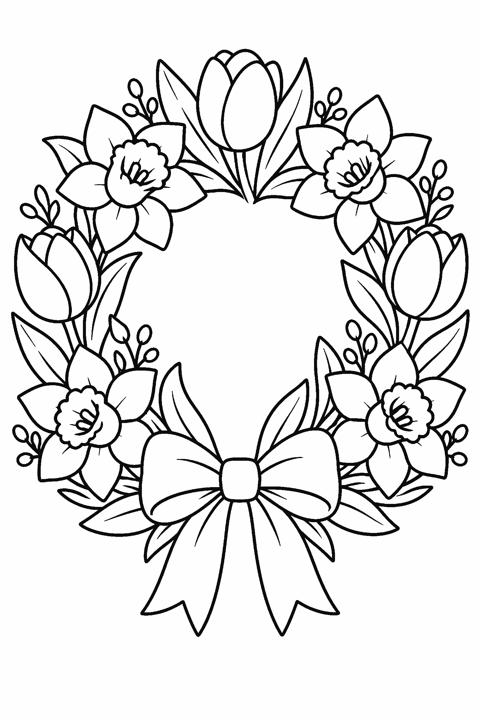 Coloring page of a spring wreath of tulips, daffodils, leaves and a bow