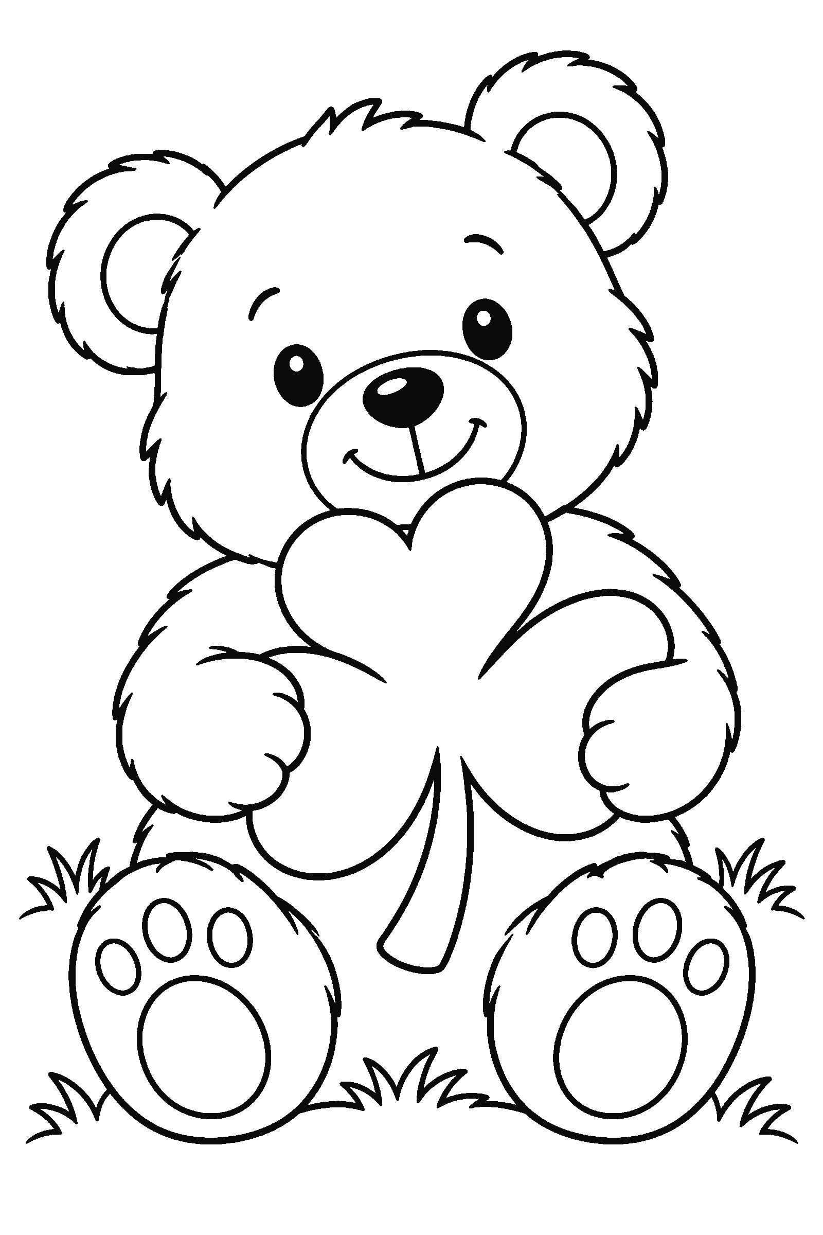 Coloring page of a teddy bear with a shamrock