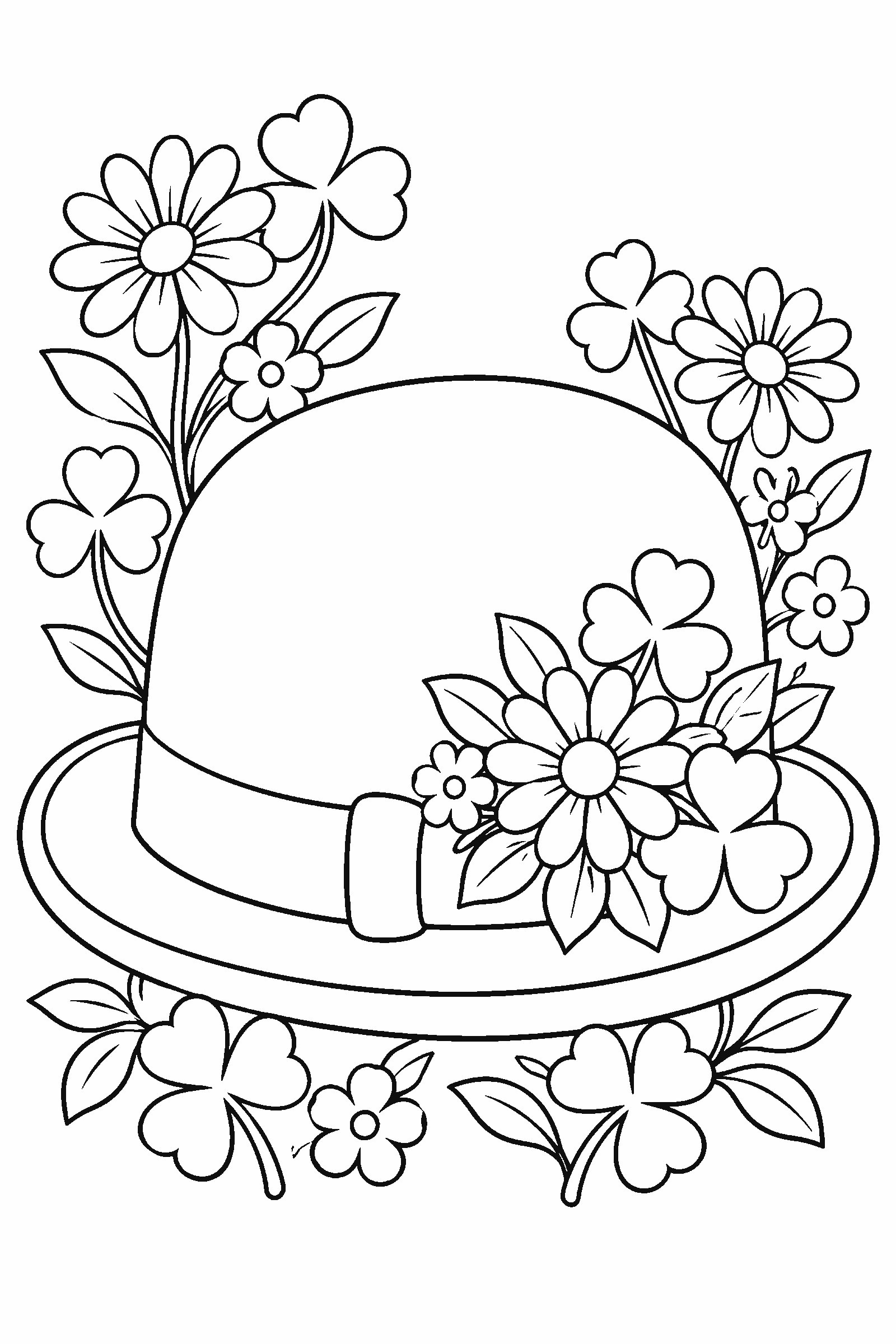 Coloring page of a bowler hat with flowers and clovers