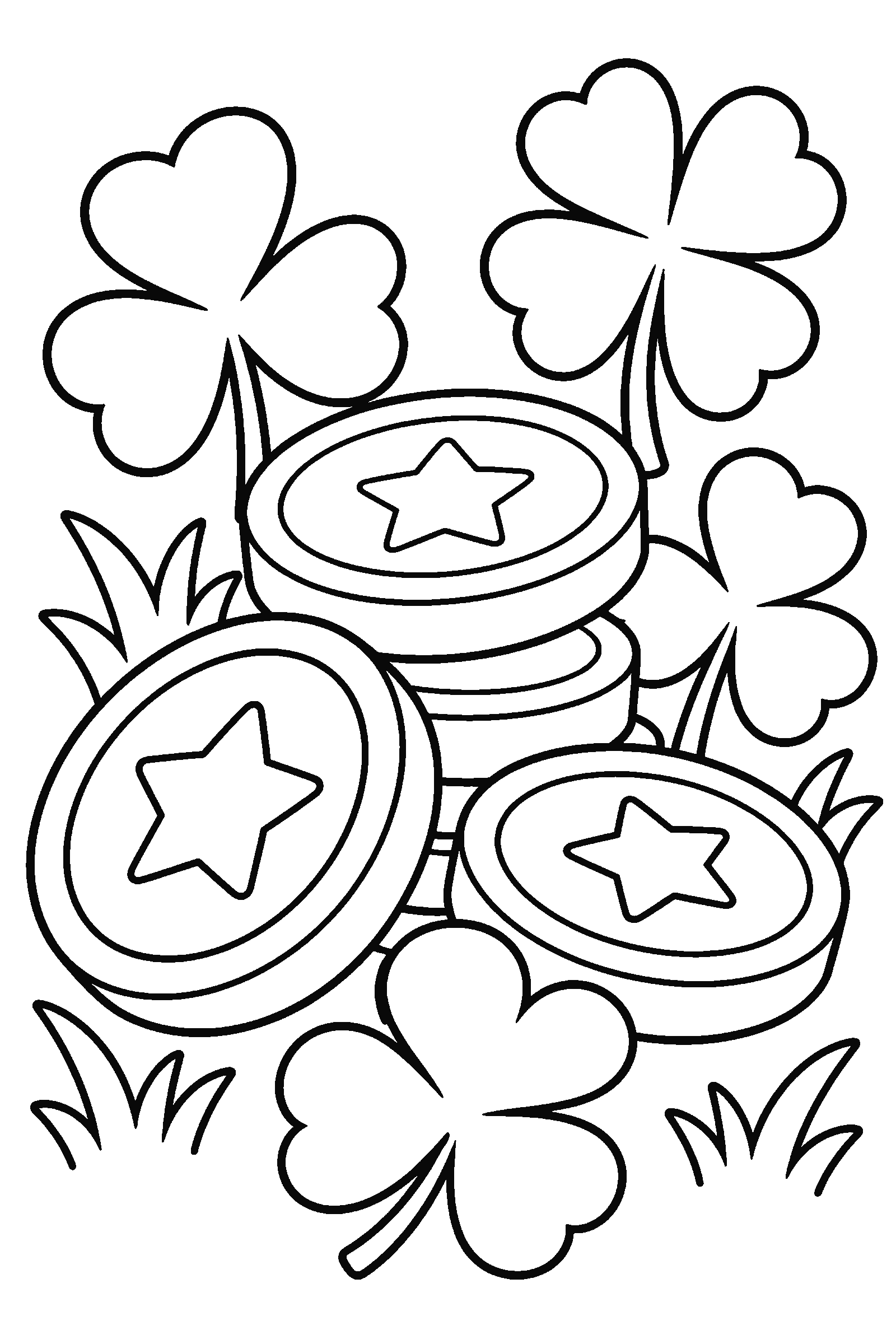 Coloring page of gold coins and clovers