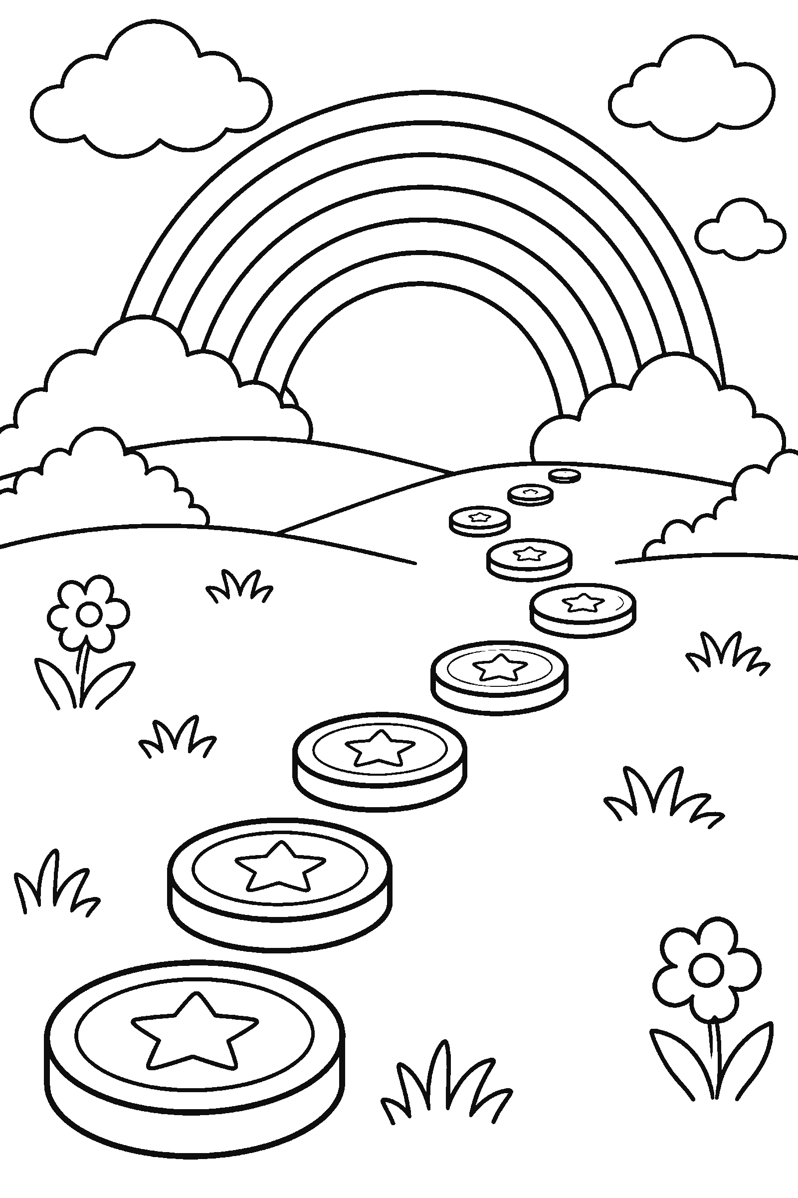 Coloring page of a trail of gold coins leading to a rainbow