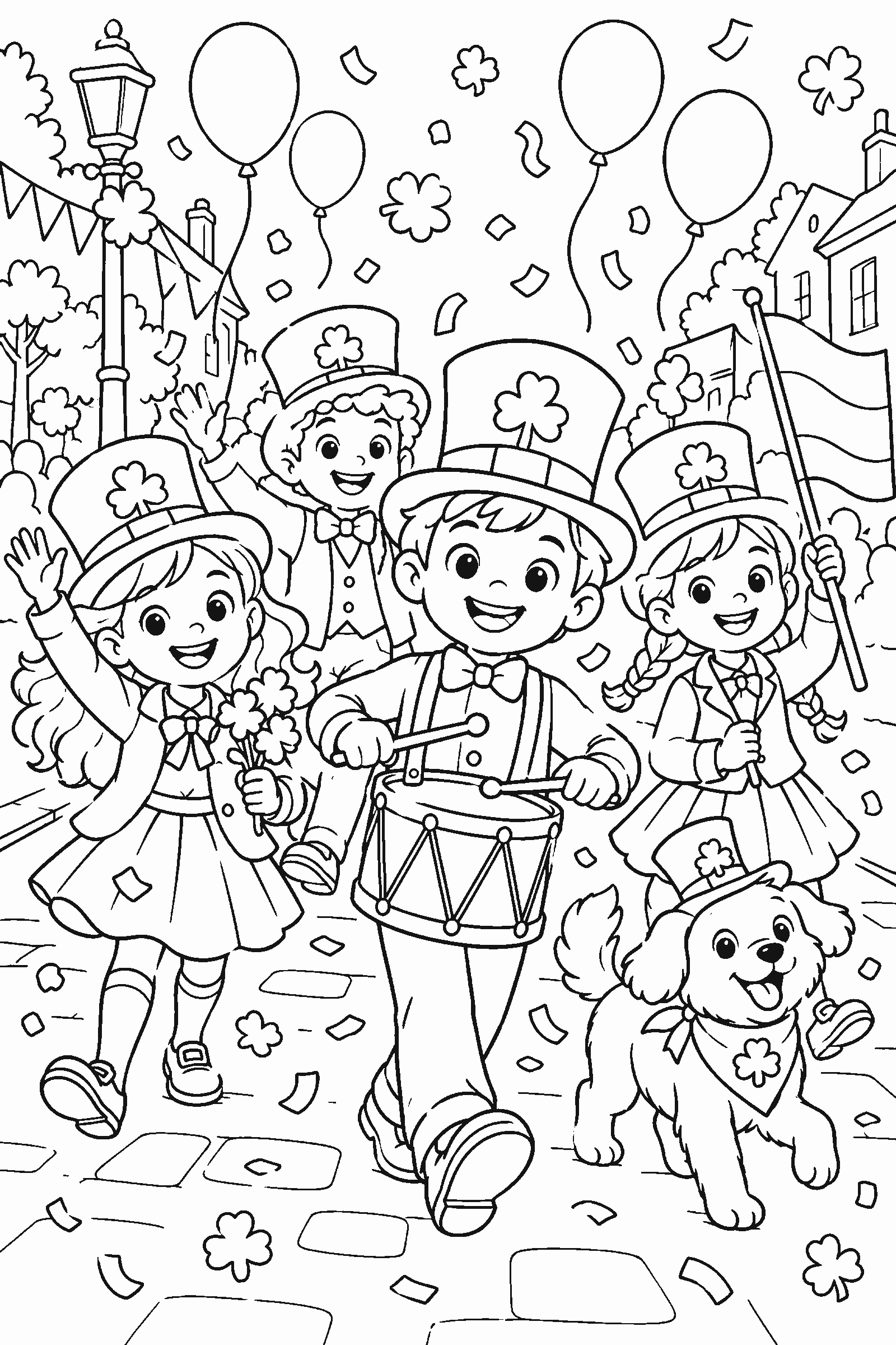 Coloring page of kids in green hats marching in a parade