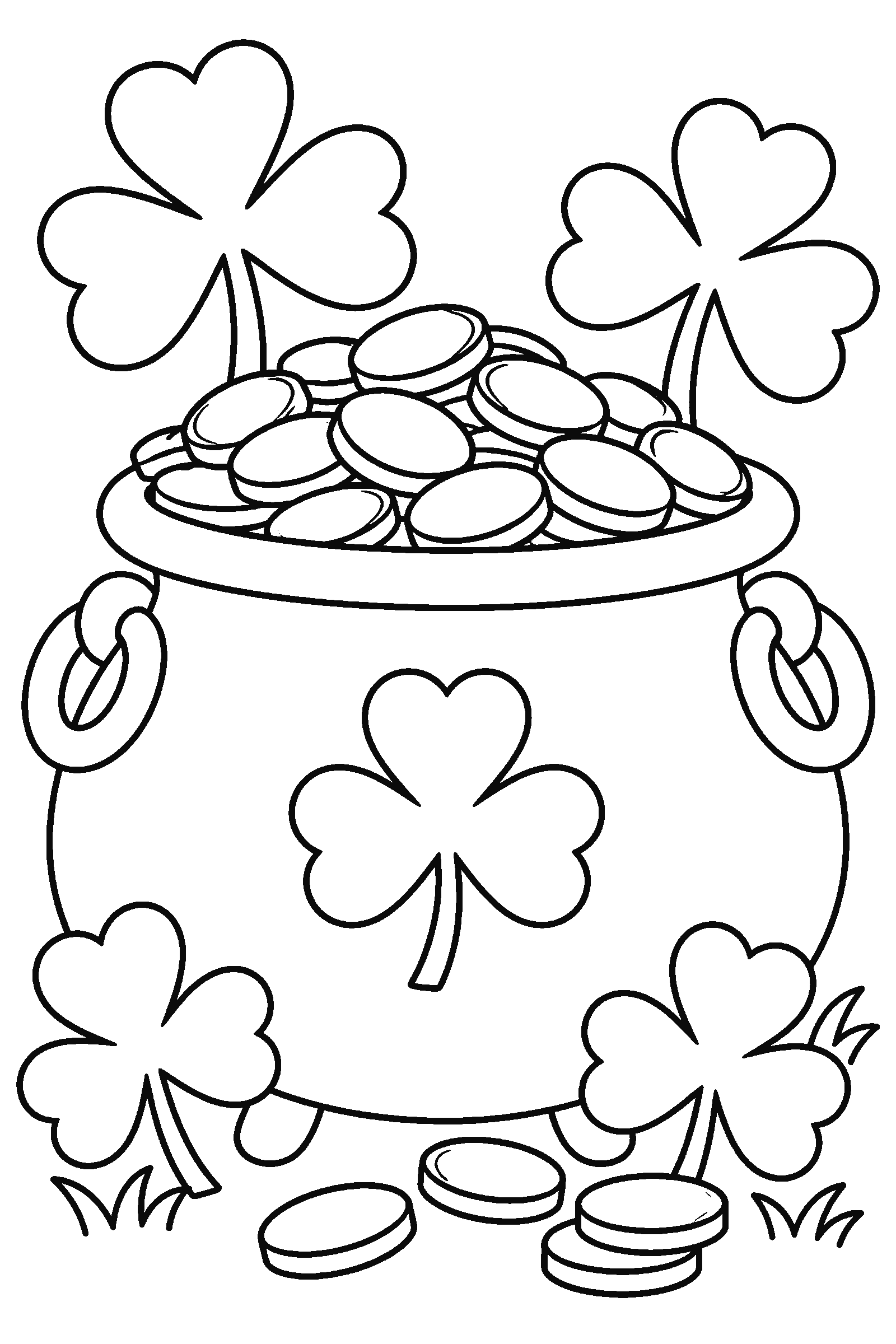 Coloring page of a pot full of gold coins with shamrocks