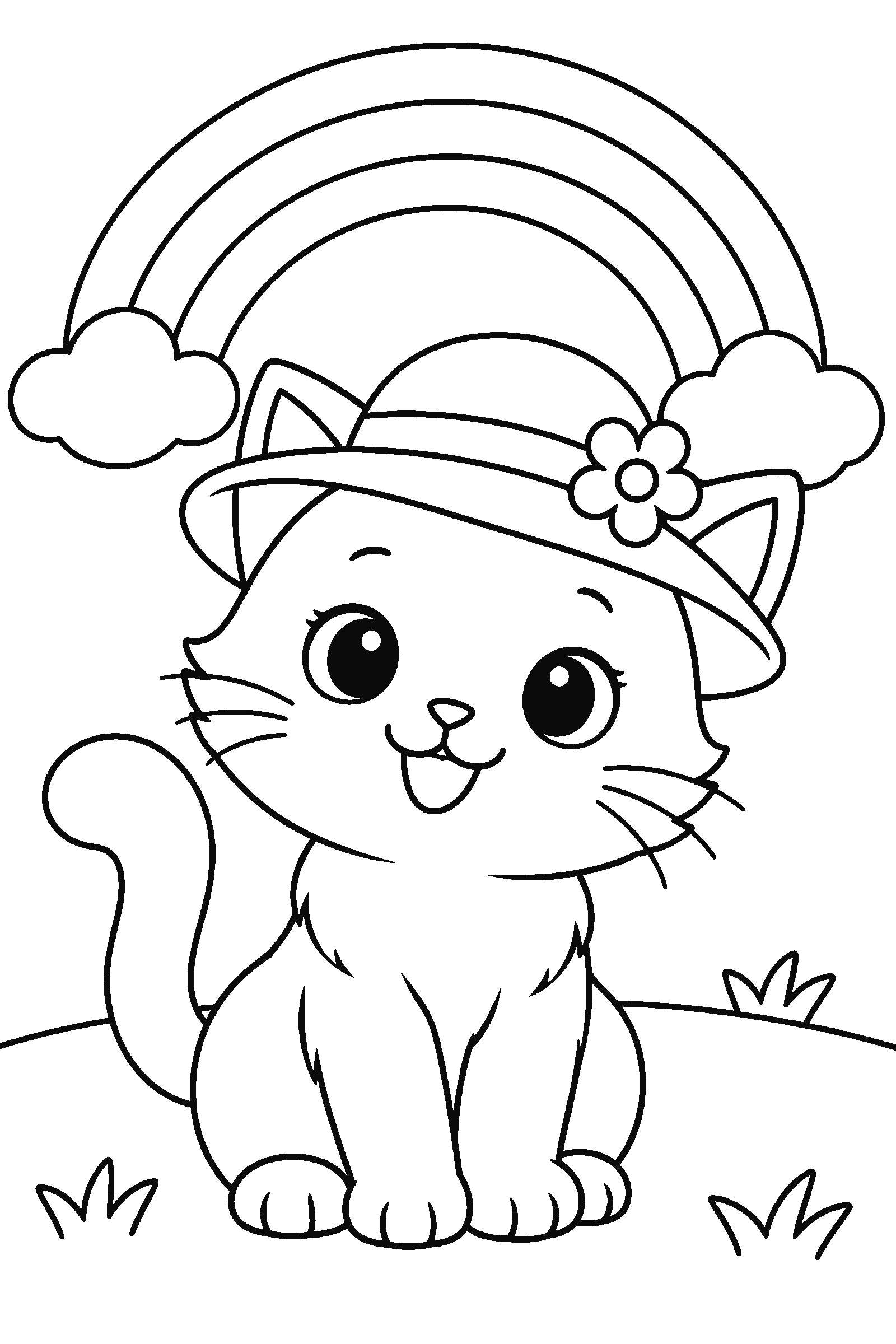 Coloring page of a cat in a green hat with a rainbow