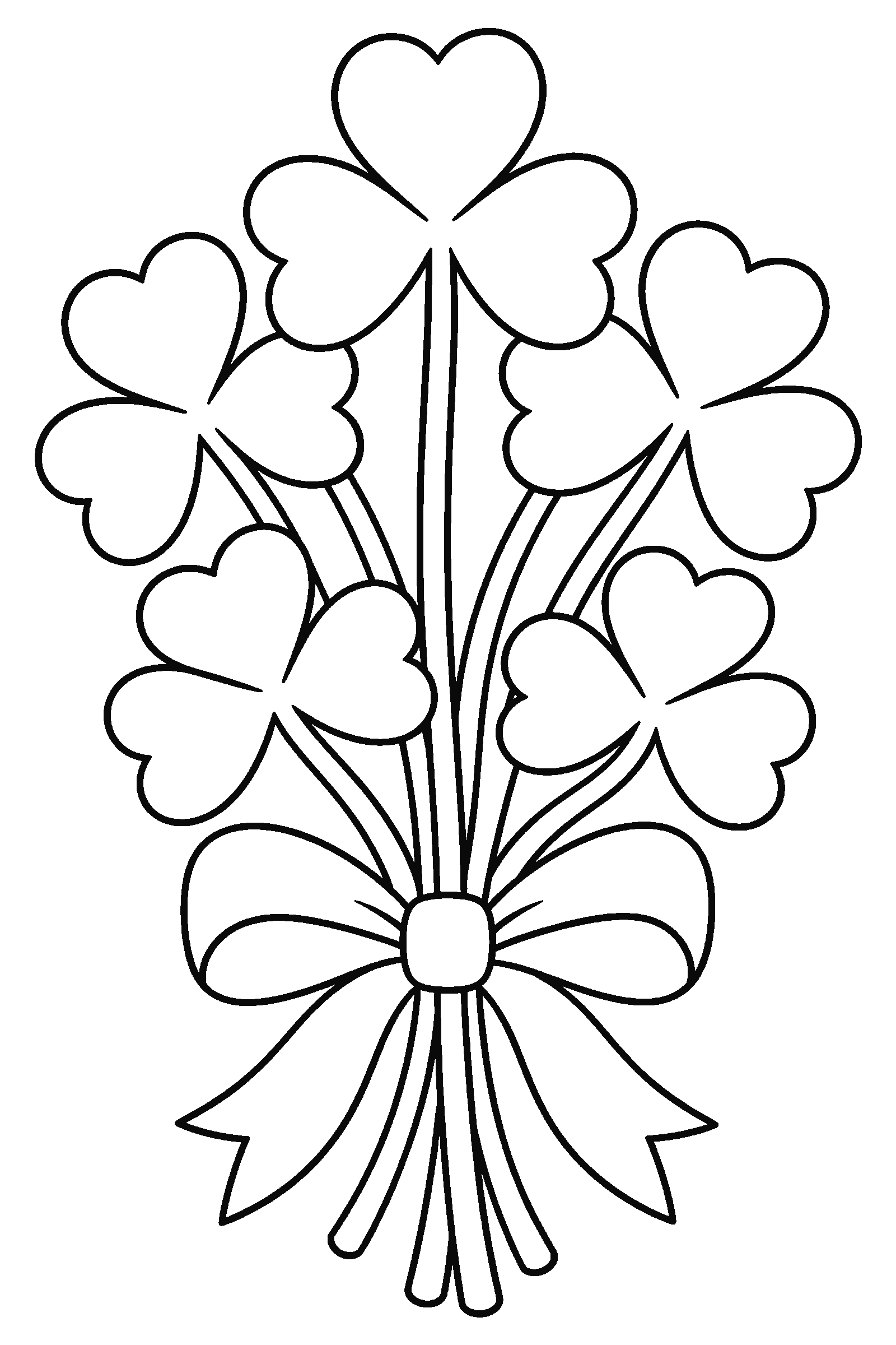 Coloring page of a bouquet of shamrocks tied with a ribbon