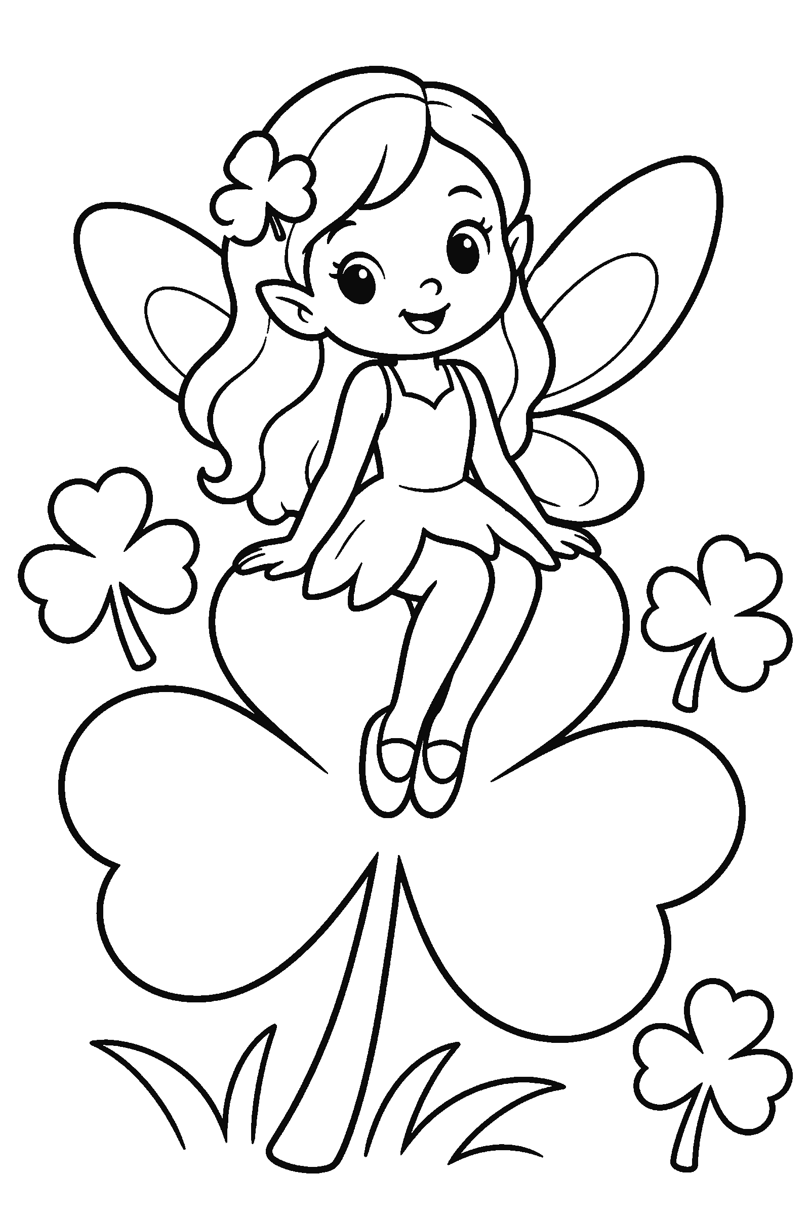 Coloring page of a little fairy sitting on a shamrock