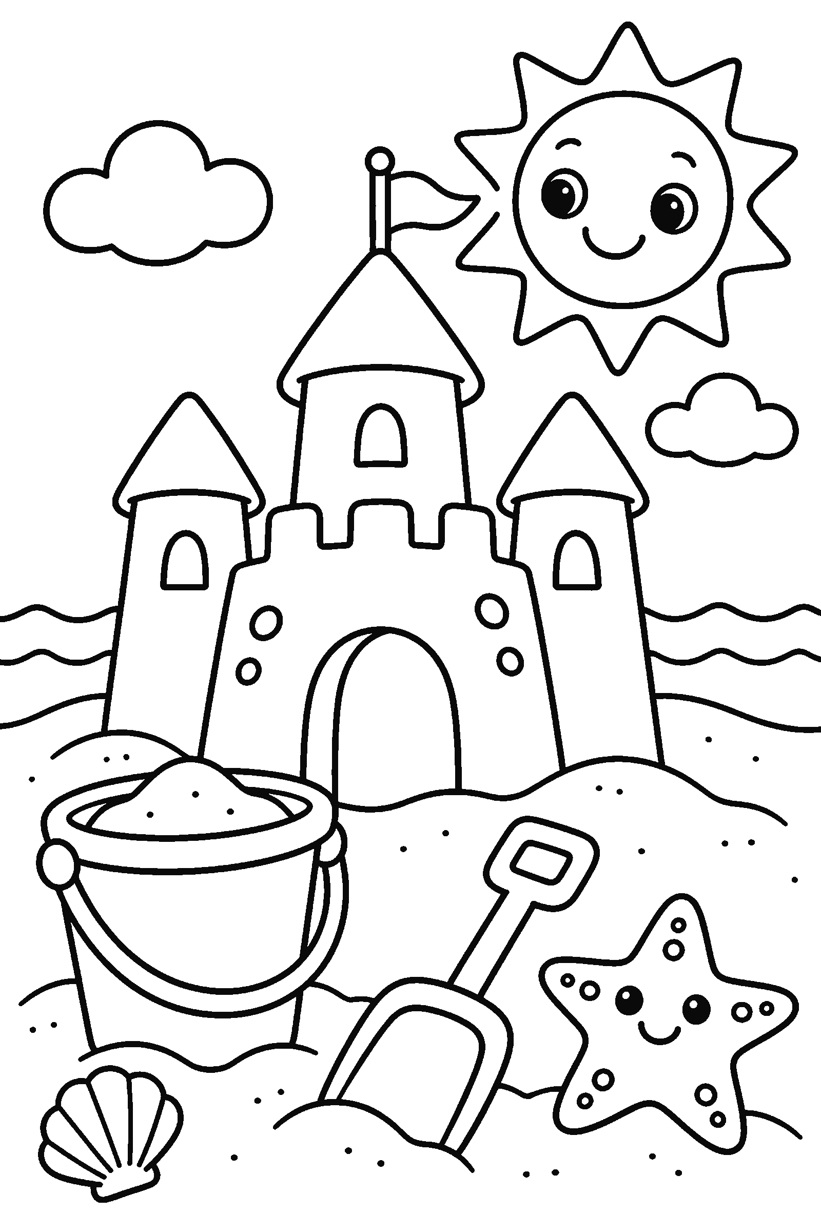 Coloring page of a sandcastle on the beach with a bucket, spade, starfish and the sun